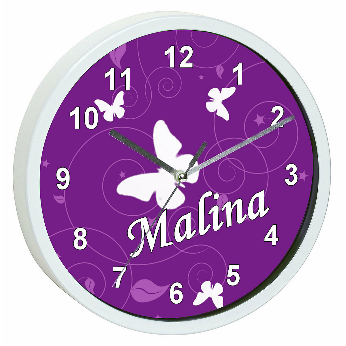Kinder Wanduhr personalisiert mit Name Schmetterling Lila