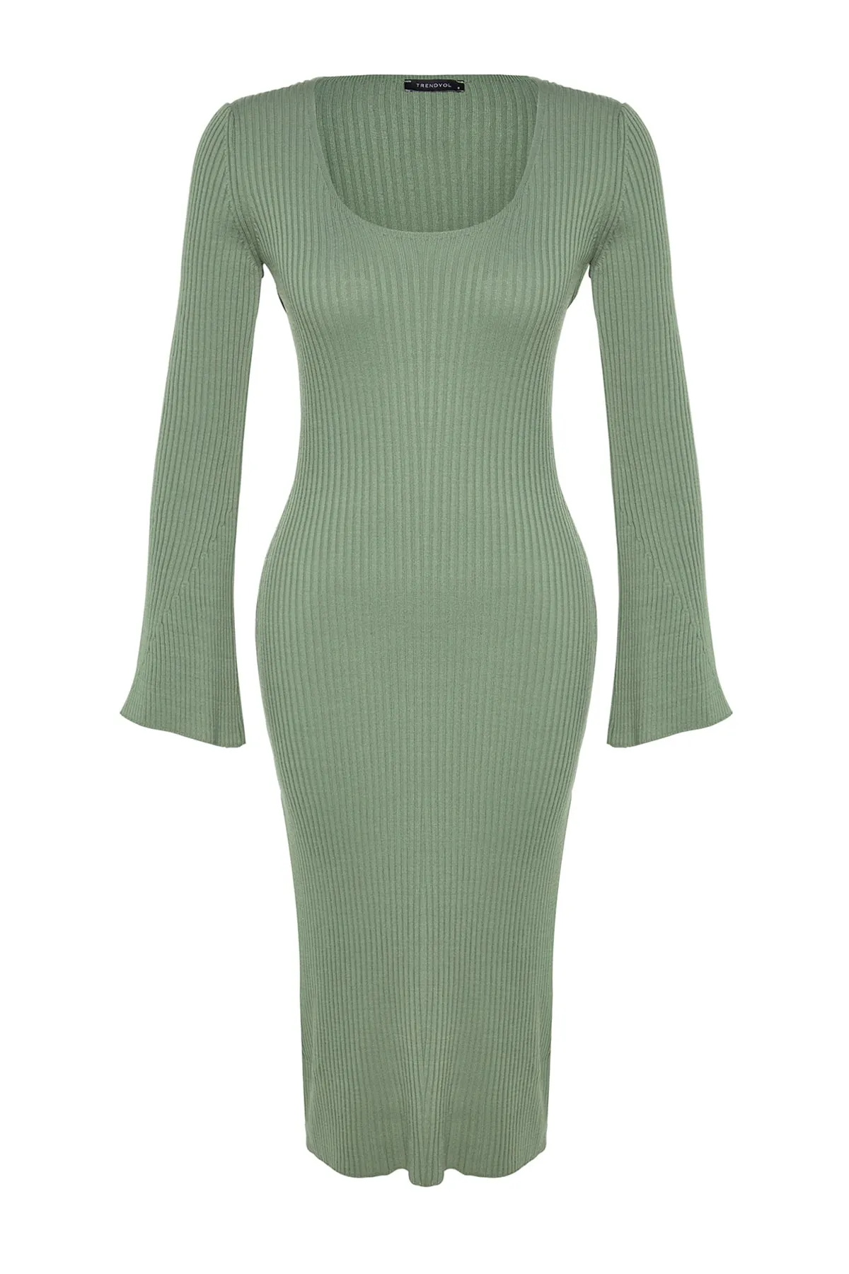 Trendyol Collection  Khakifarbenes Midi-Strickkleid mit Basic-Ärmeln TWOAW24EL00117