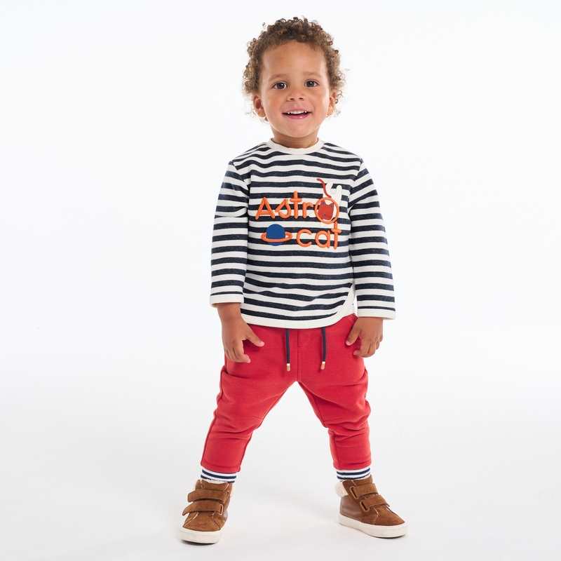 Sweat molleton rayé chat astronaute bleu bébé garçon