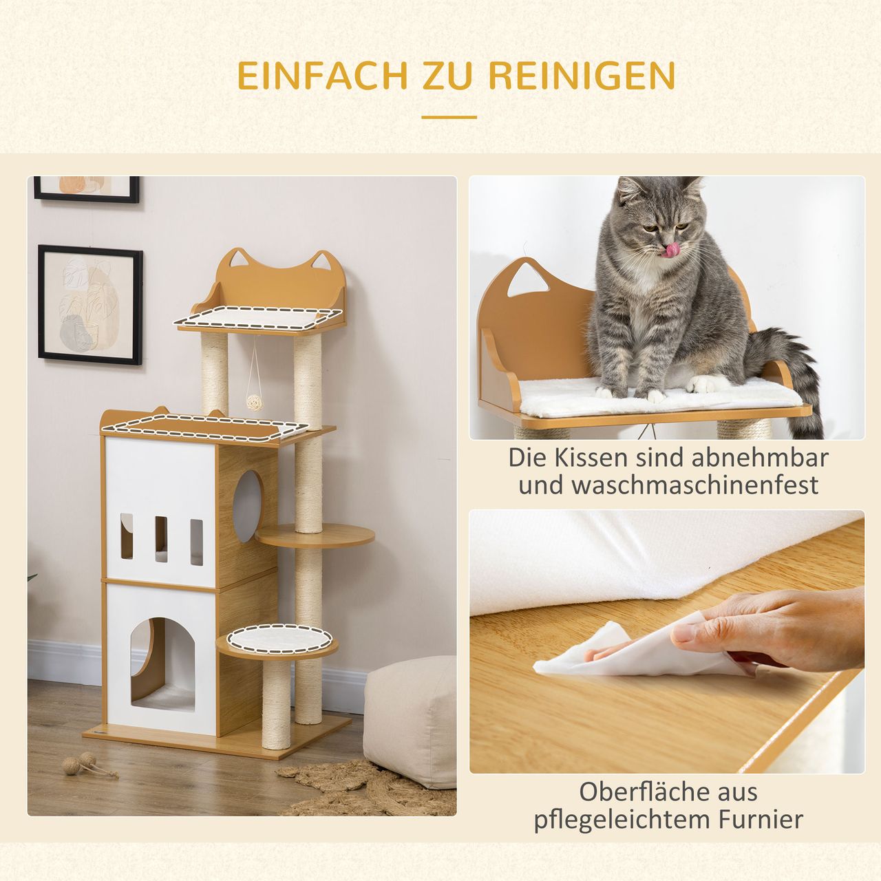PawHut Kratzbaum, 133 cm, Kletterbaum mit 2 Katzenhöhlen, Katzenbaum, Eiche Weiß