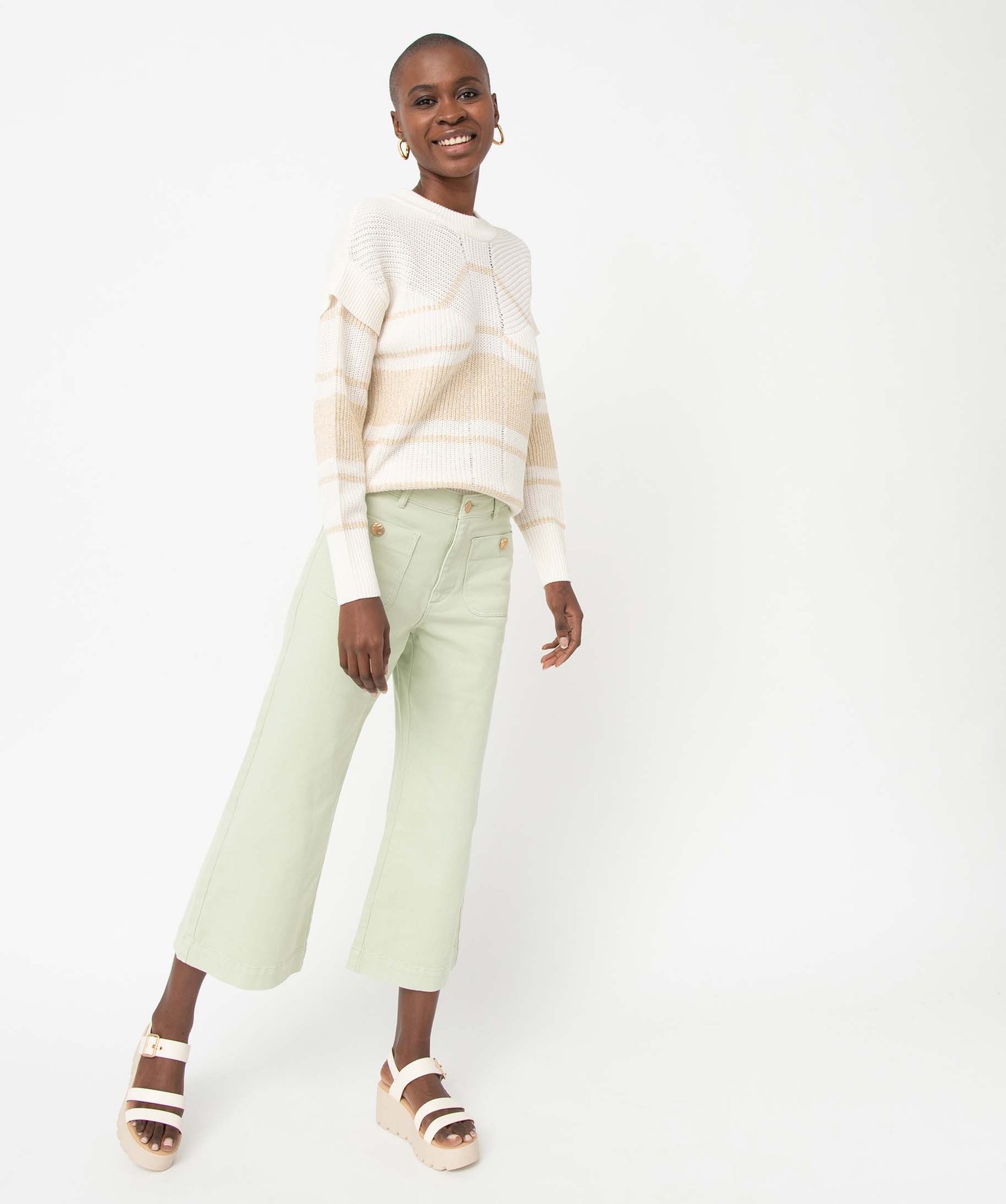 Pull femme avec rayures pailletées ecru | GEMO