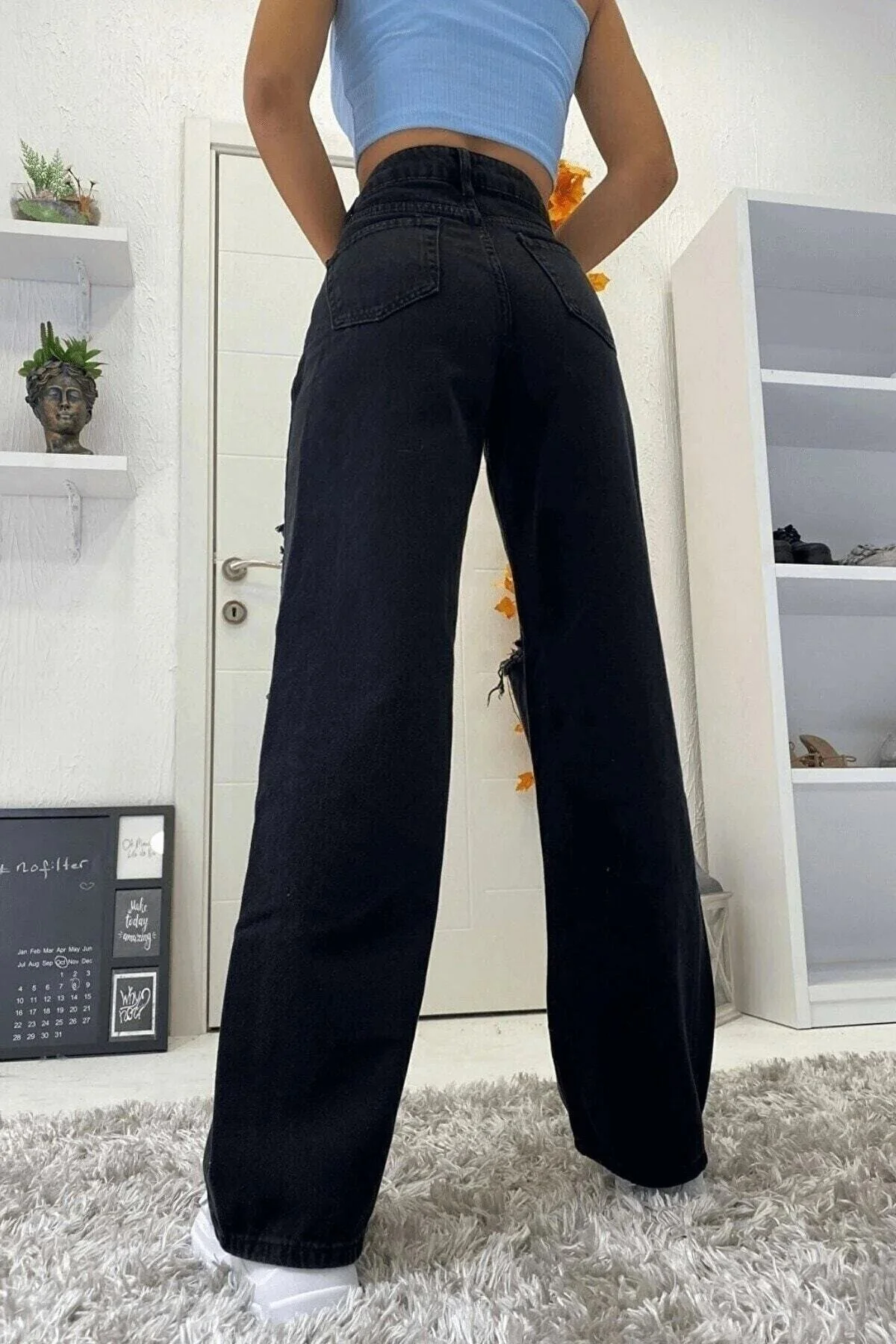 LİMABEL  Extra hohe farbechte schwarze zerrissene Palazzo-Jeans Schwarze zerrissene Lycra-String-Jeans