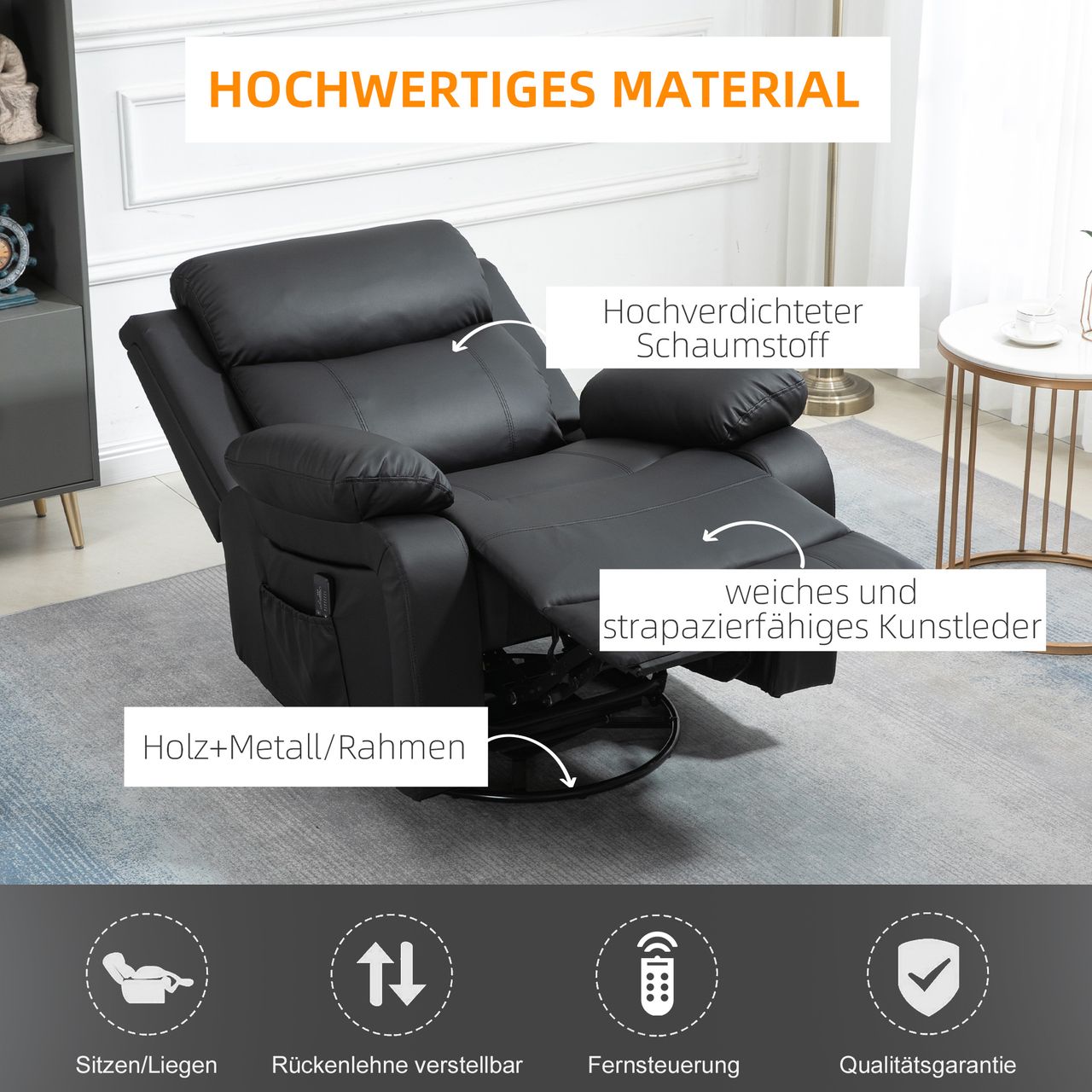 HOMCOM Massagesessel Drehbarer Relaxsessel mit 8 Vibrationsköpfen, Liegefunktion