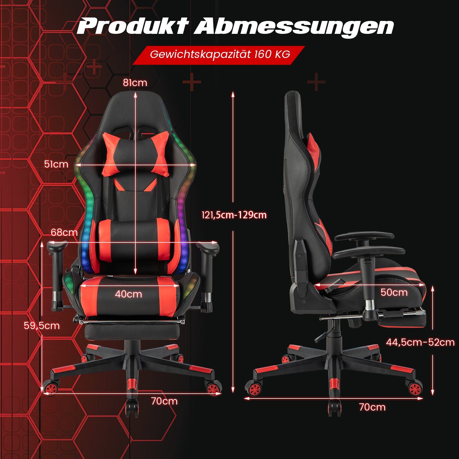 COSTWAY Gaming-Stuhl, mit Fußstütze, RGB-LEDs, verstellbarer Rücklehne, 160kg