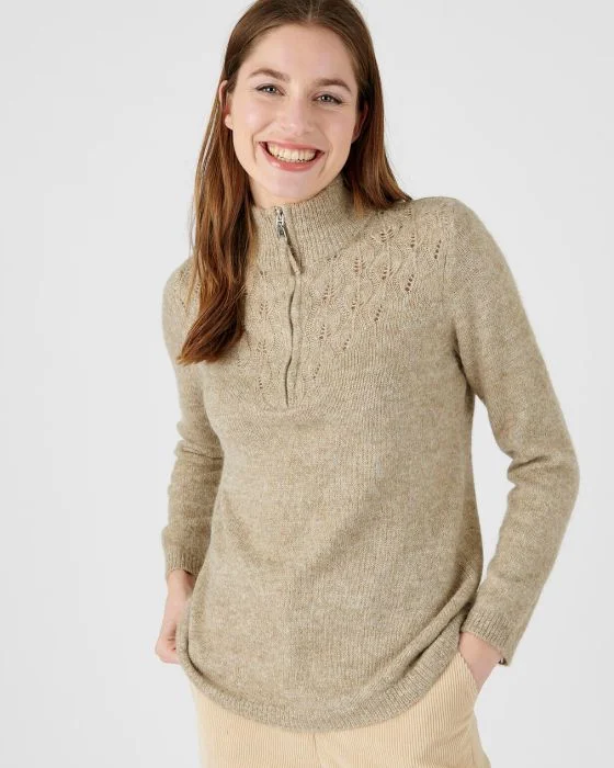 Pull col zippé fantaisie ajourée