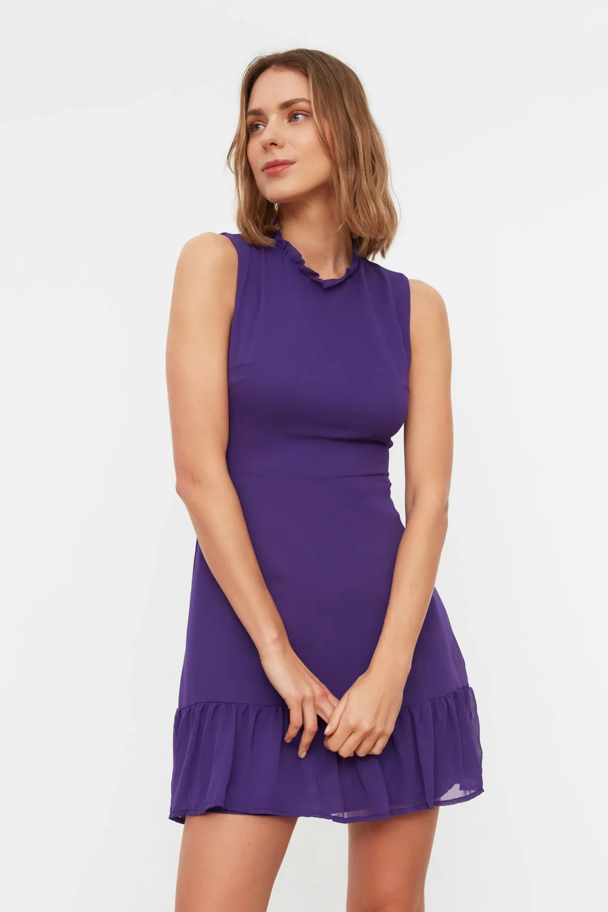 Trendyol Collection  Lilafarbenes A-Linien-Minikleid mit Rüschen und Chiffonfutter TWOSS20EL0237