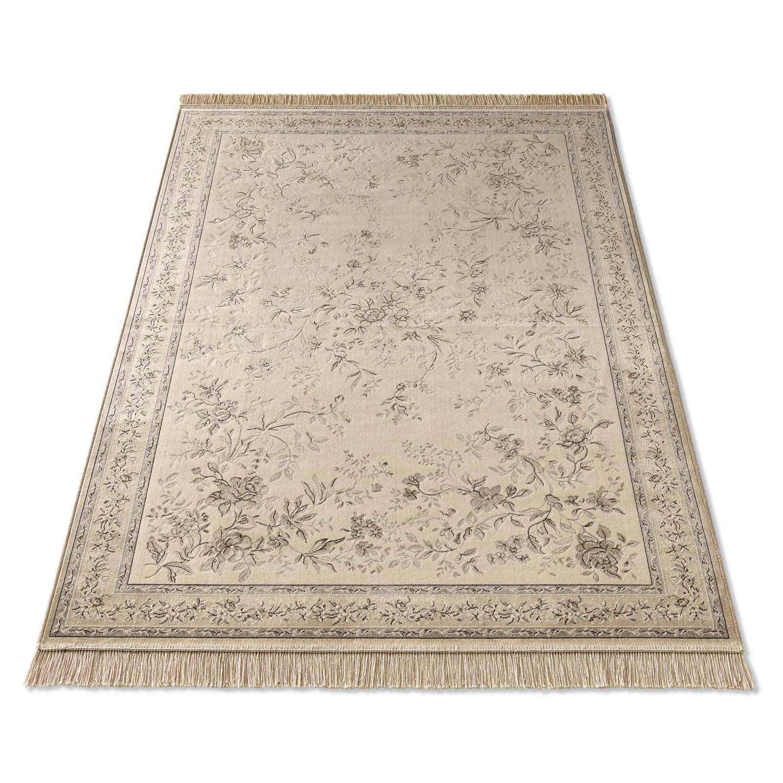 Teppich Palazzo Royal Antique Roses Bordüre, TaraCarpet, rechteckig, Höhe: 6 mm, Bordüre Seiden Optik B.grau Wohnzimmer Schlafzimmer Esszimmer 67x105