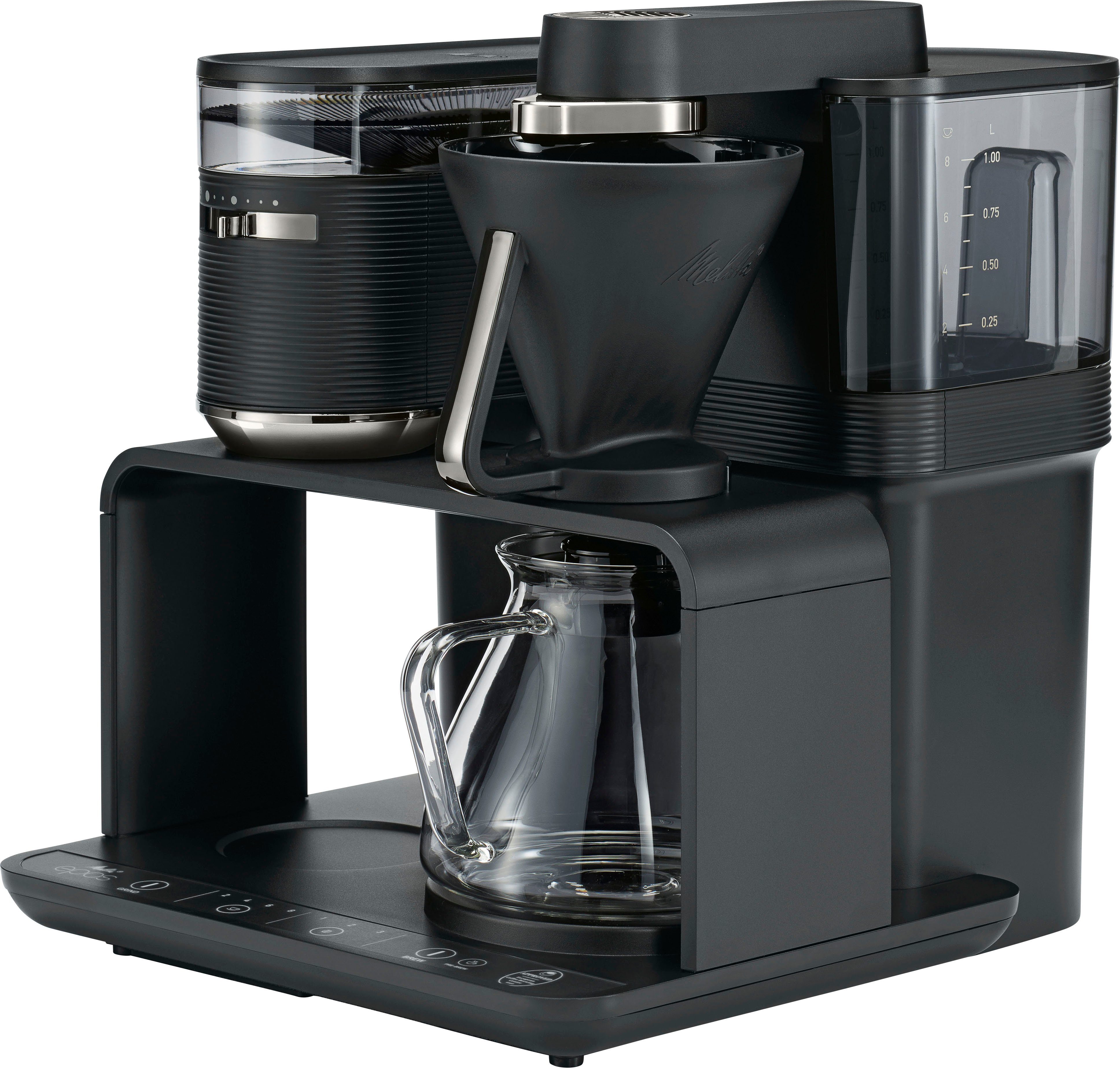 Melitta Kaffeemaschine mit Mahlwerk EPOS® 1024-03 Schwarz/Silber 360°rotierender Wasserauslauf, 1l Kaffeekanne, Papierfilter 1x4
