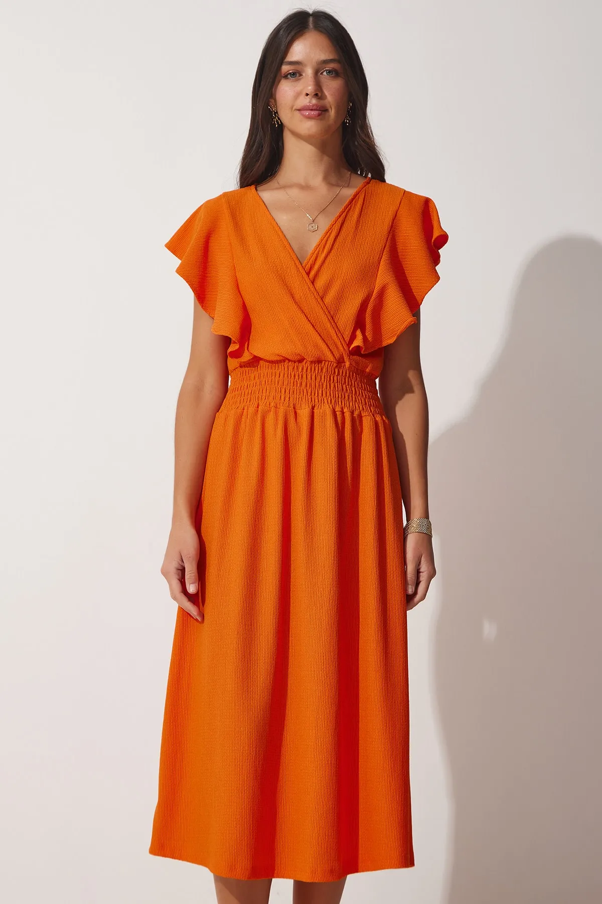 Happiness İstanbul  Strukturiertes Strickkleid mit Volant in Orange für Damen CI00025