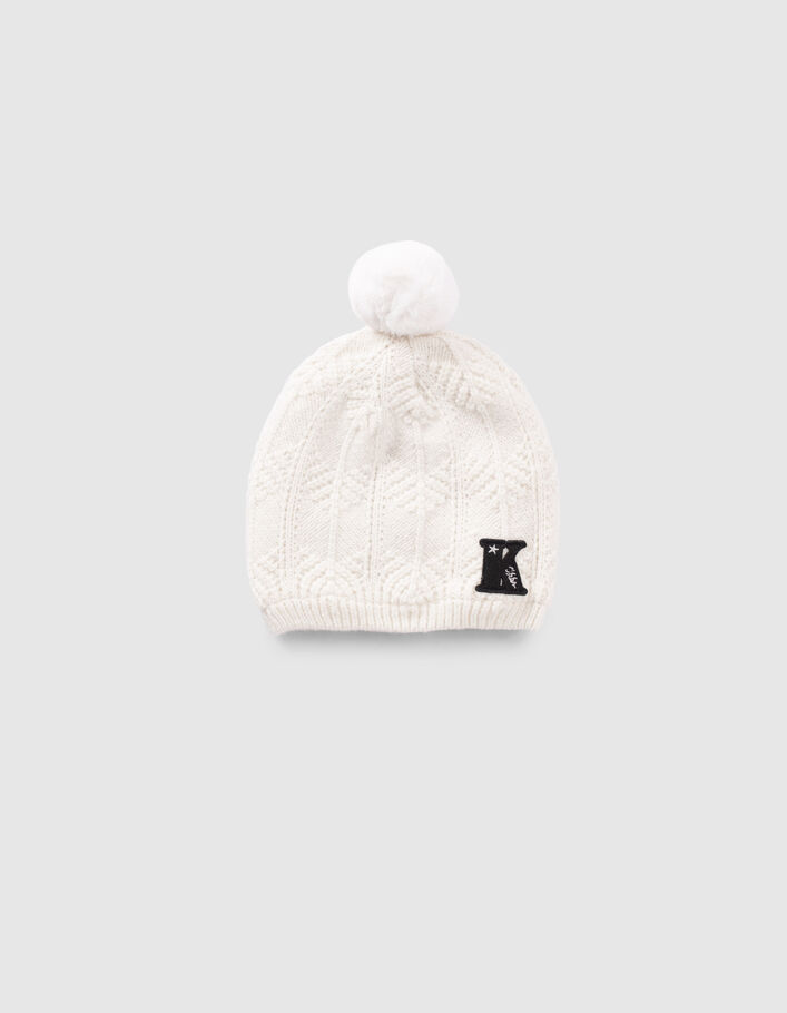 Bonnet blanc cassé tricot lurex à pompon fille