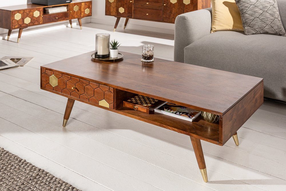 riess-ambiente Couchtisch MYSTIC LIVING 117cm braun / gold (Einzelartikel, 1-St), Wohnzimmer · Massivholz · Ablagefach · Schublade · Retro Design