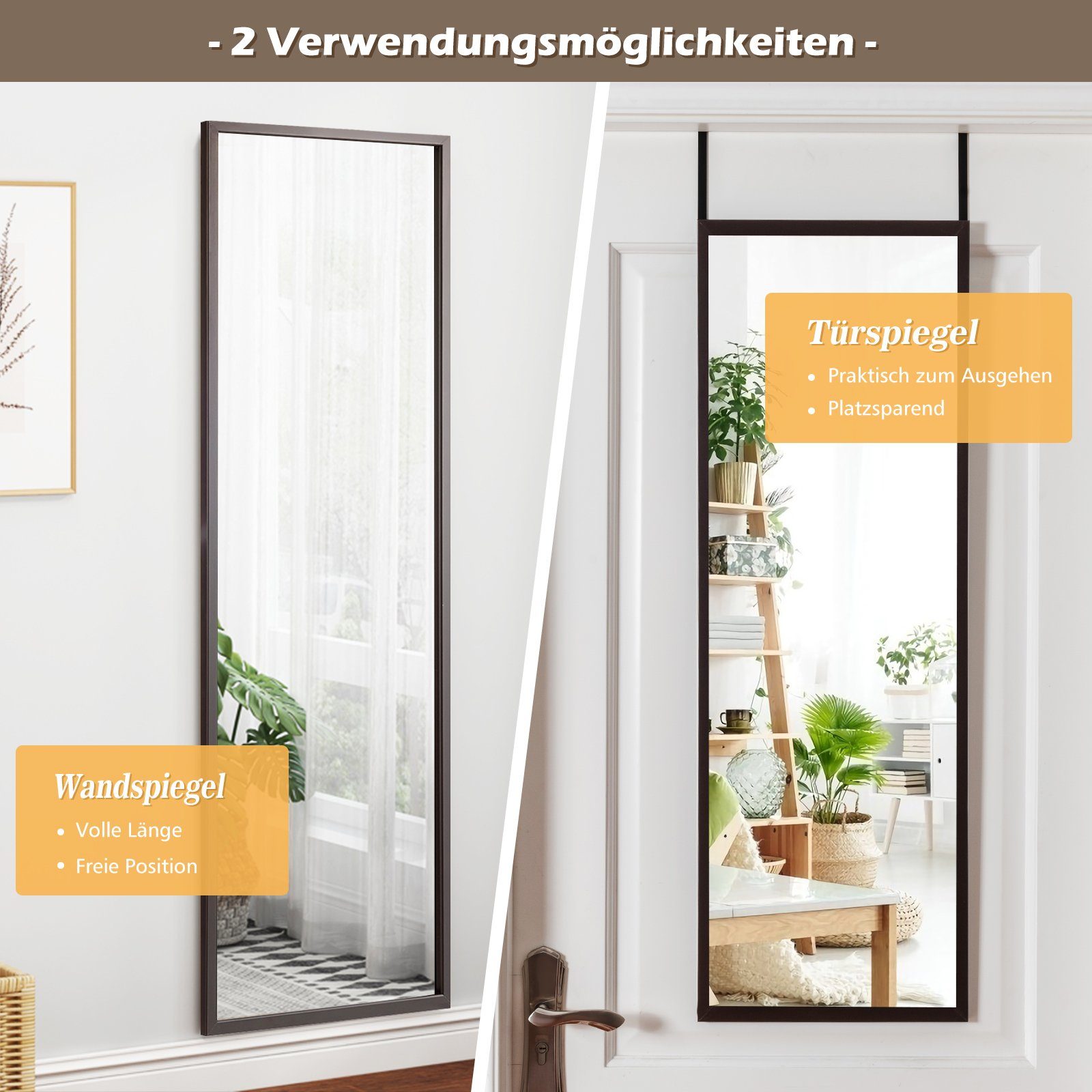 COSTWAY Wandspiegel, mit höhenverstellbaren Hängehaken 107x36,5cm