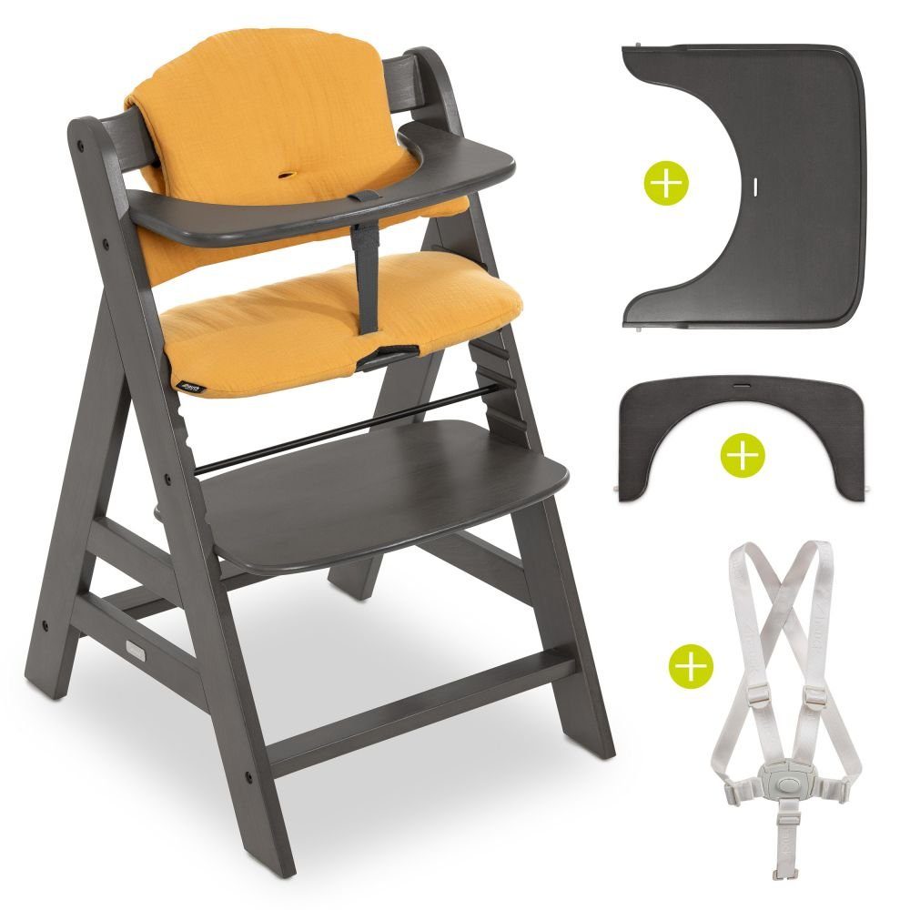 Hauck Hochstuhl Charcoal Selectline (2 St), Mitwachsender Holz Kinderhochstuhl mit Tisch, Sitzauflage verstellbar