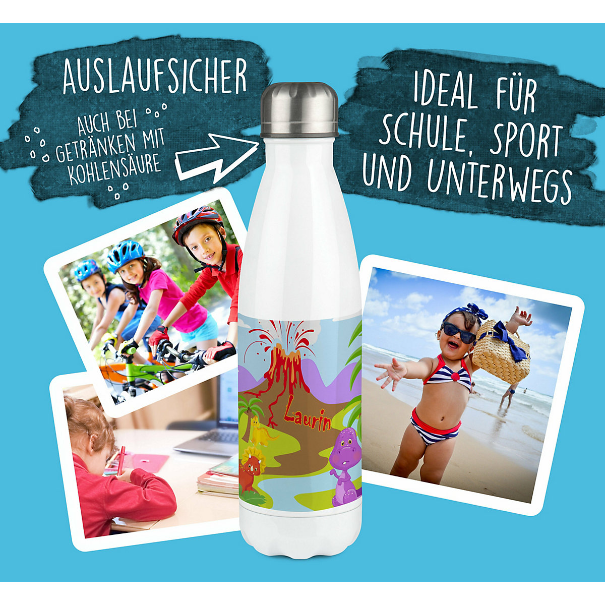 Edelstahl Kinder Thermoflasche / Trinkflasche bunt Dino Spülmaschinenfest, Auslaufsicher, Bruchfest, Doppelwandig, Für Heißgetränke geeignet, Mit Deckel, Isoliert