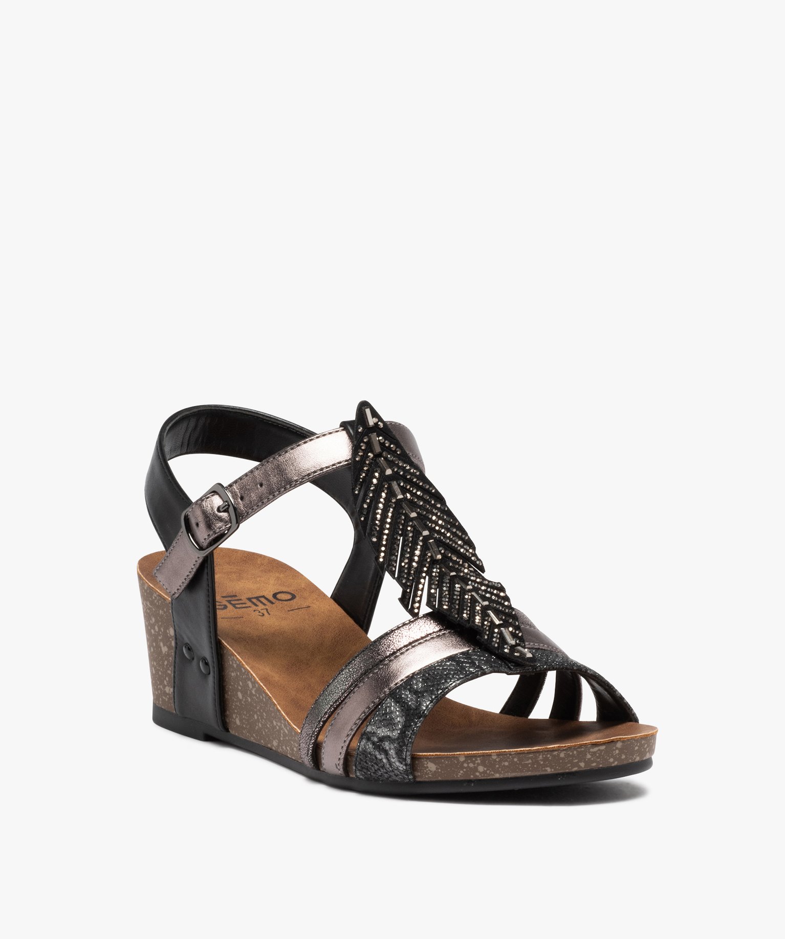 Sandales femme compensées avec plume ornée de strass noir | GEMO