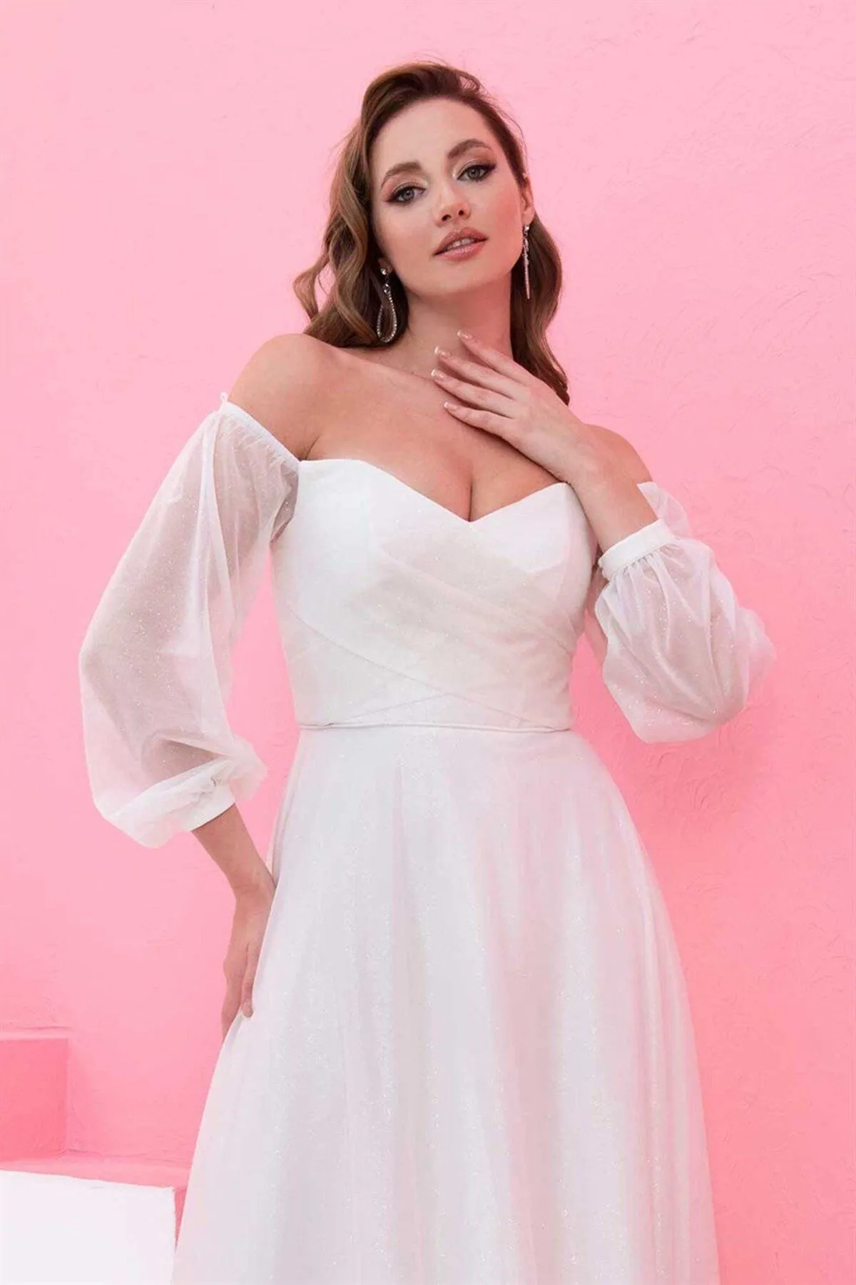 Carmen  Ecru glitzerndes Langarm-Hochzeitskleid und Outdoor-Shooting-Kleid