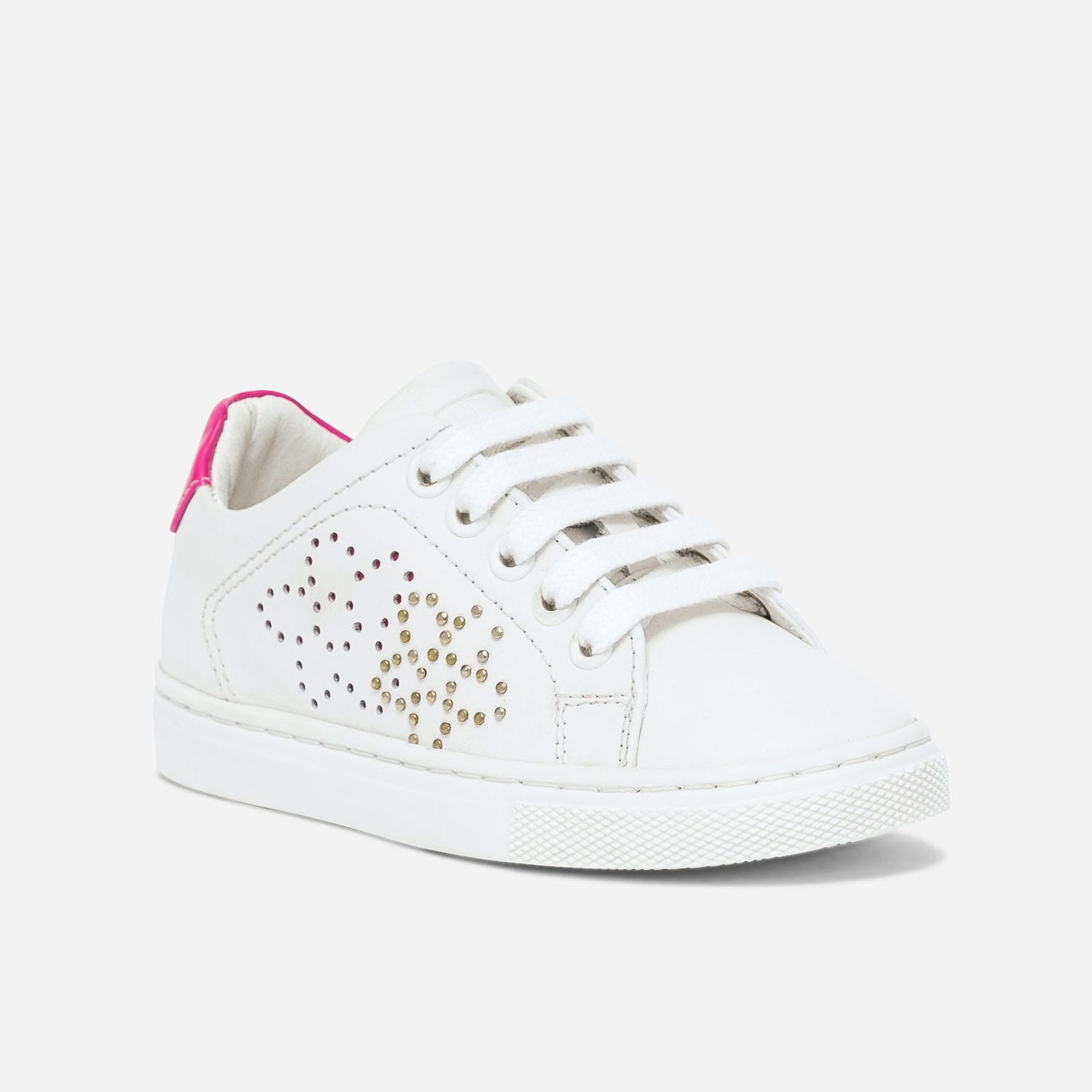 Tennis BUGGY blanche en cuir à contrefort rose fluo verni