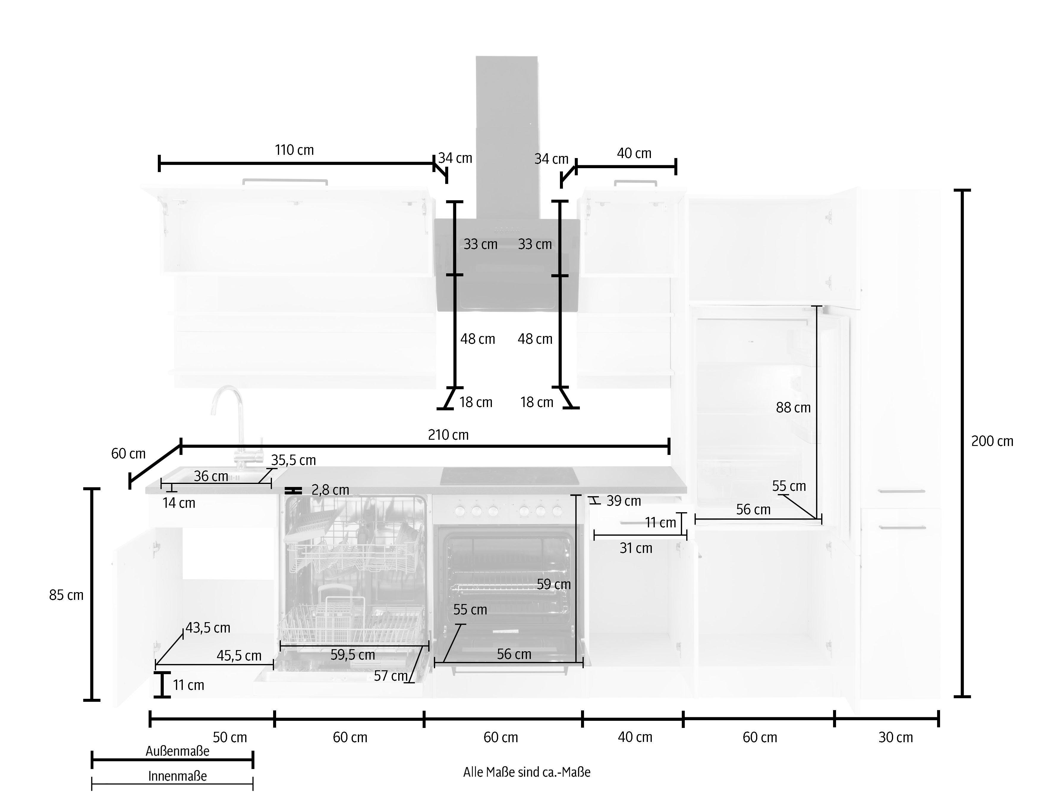 HELD MÖBEL Küchenzeile Tulsa, mit E-Geräten, Breite 300 cm, schwarze Metallgriffe, MDF Fronten