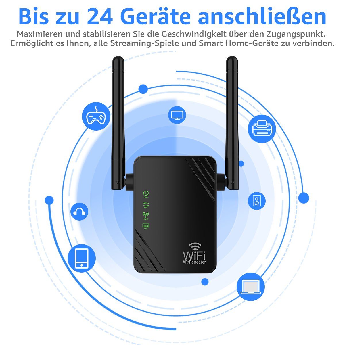 MULISOFT WLAN Verstärker, 300Mbit/s, 2.4G Internet Repeater mit LAN Anschluss WLAN-Repeater, WLAN-System Abdeckung: bis zu 100QM, 2 Ports, WPS Funktion Willigt IEEE802.11b/g/n