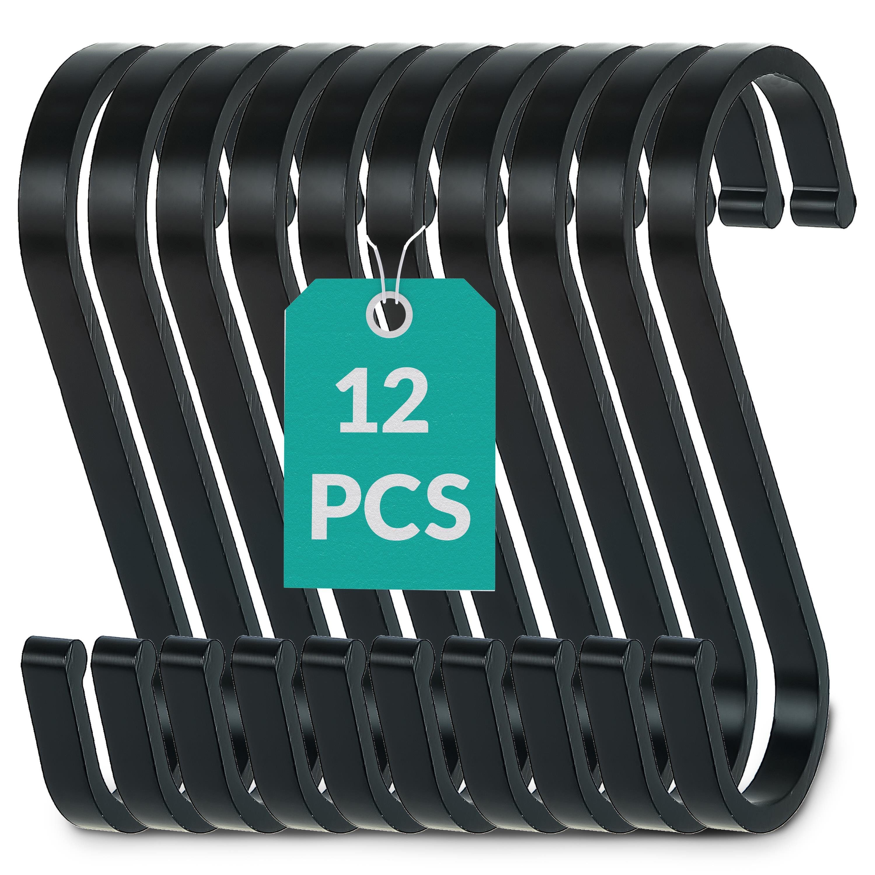 Praknu Wandhaken 12 S Haken Schwarz Flach 8cm, Küche, Badezimmer, Terrasse, Balkon, Keller, Werkstatt, Garage, (Set, 12-St., 12 schwarze flache S-Haken / Hängehaken ca. 8 cm für den professionellen Einsatz), bis 25kg Belastbar - Rostfreie S-Haken zum