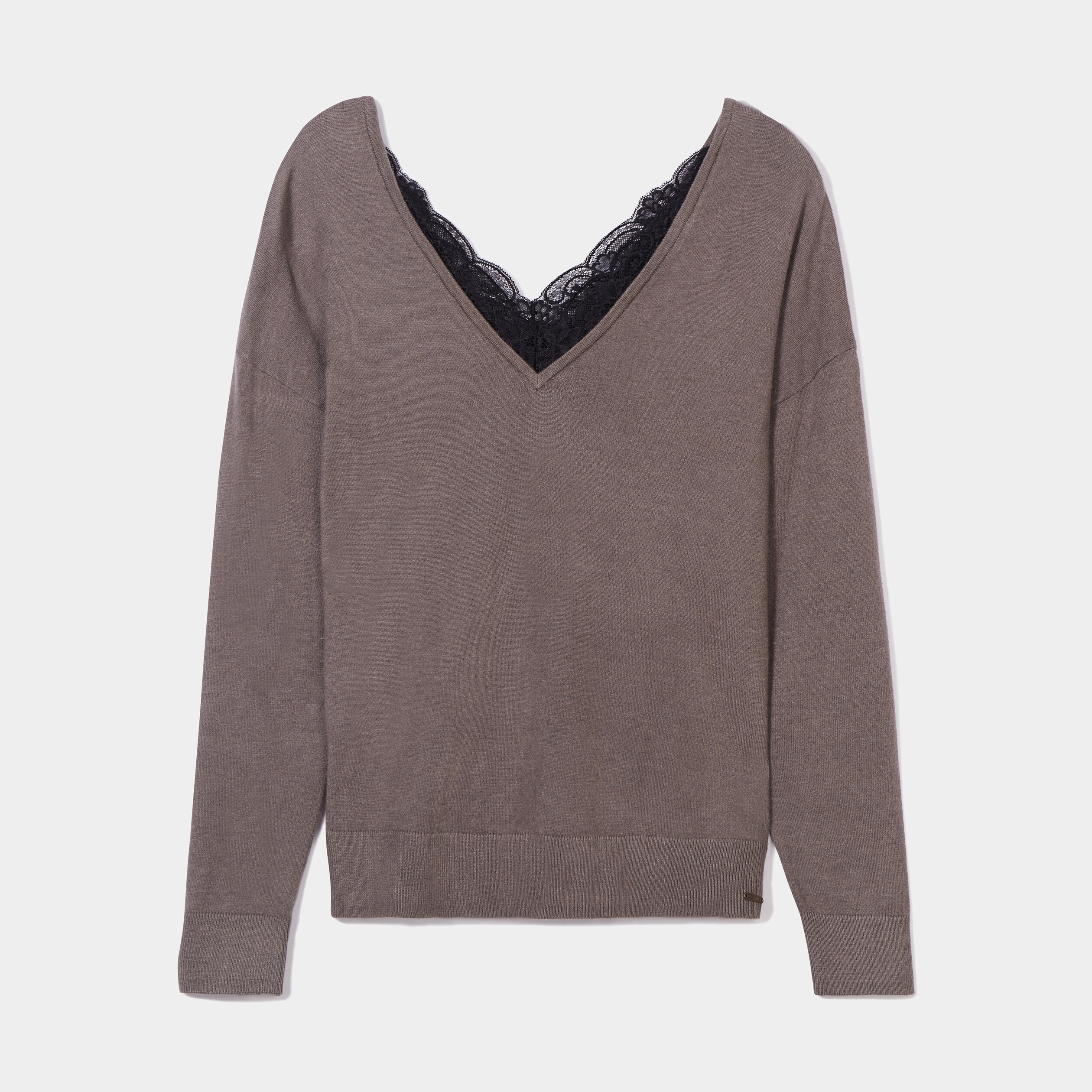 Pull dos en V avec dentelle vert kaki femme | La Halle