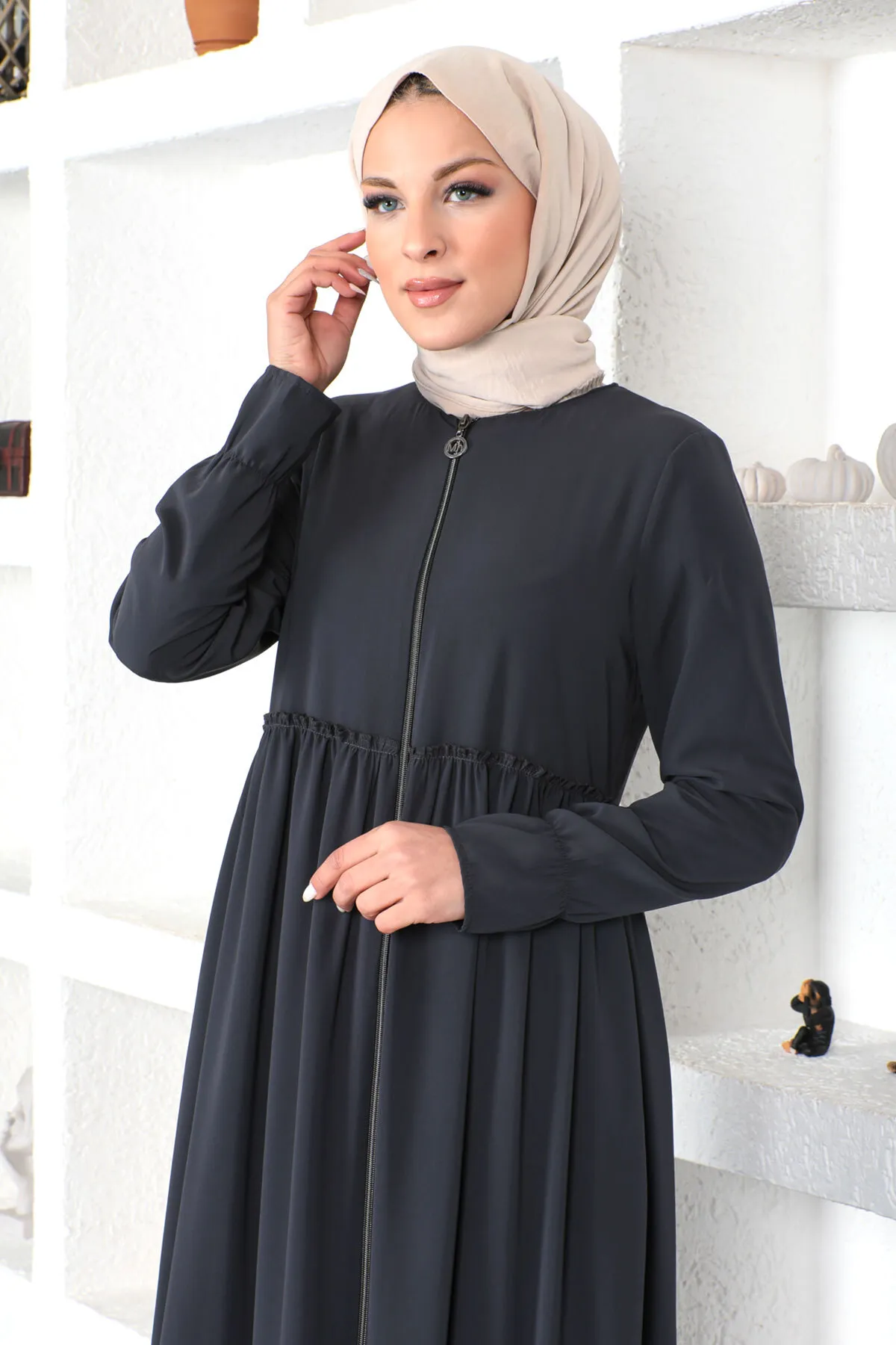 Tesettür Dünyası  Volant Hijab Abaya Tsd230335 Anthrazit