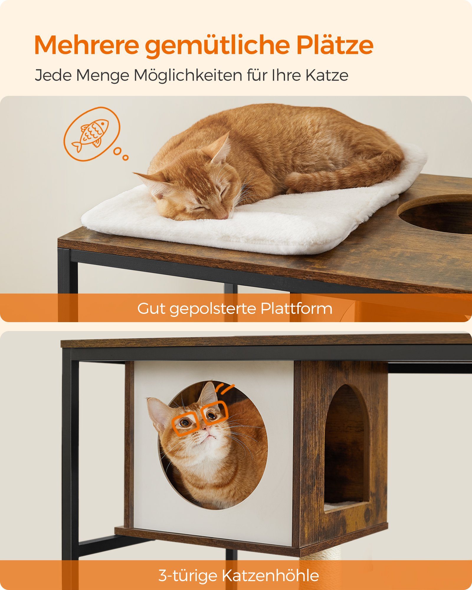 FEANDREA Kratzbaum, 3-in-1, mit Katzenklo-Schrank, erhöhter Napfständer
