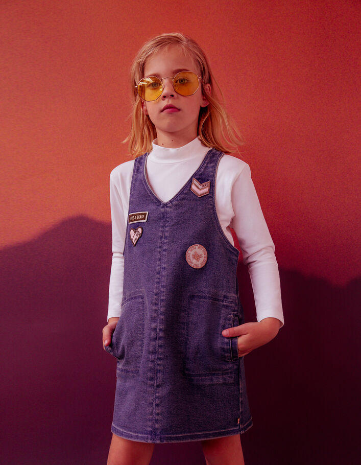 Robe 2-en-1 en jean bleu et T-shirt à col brodé fille