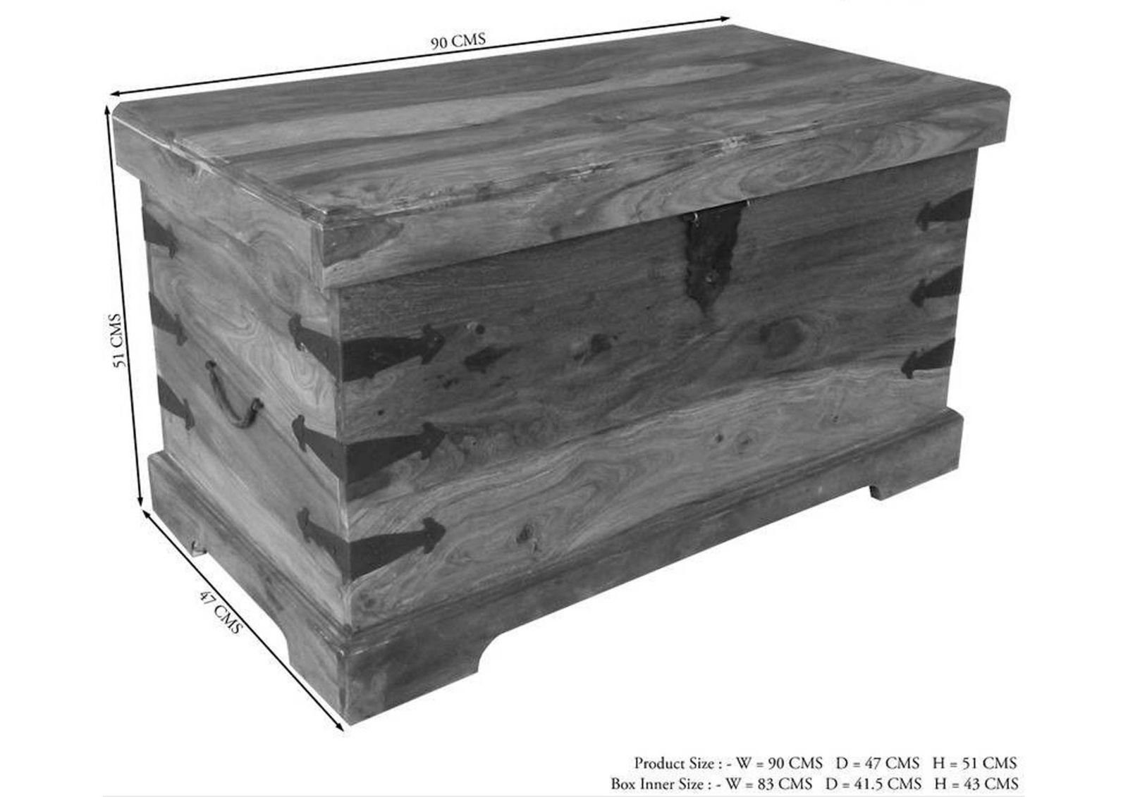 Massivmoebel24 Truhe LEEDS (Holztruhe, Holzkiste mit Deckel, Aufbewahrungstruhe für Stauraum aus Massivholz, Truhe im typischem Landhausstil mit einem Fach, in grau geölt 90x47x50 Sheesham montiert), Mexico-Stil;Landhaus-Stil;authentische Holzadern;a