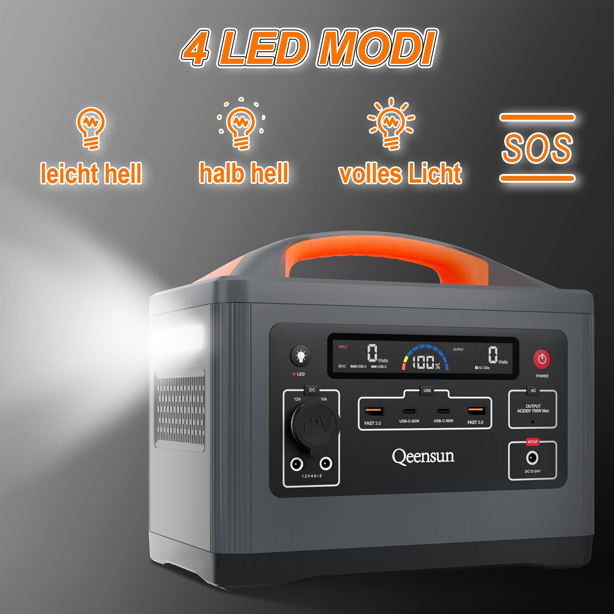 farfi Stromerzeuger Tragbare Powerstation, Mobile LiFePO4, 537.6Wh Solar,230V/ 700W AC, (Set, Benutzerhandbuch,AC-Adapter,Zigarettenanzünderkabel,DC zu MC4 Kabel), Solarladung,Einfach zu verwenden