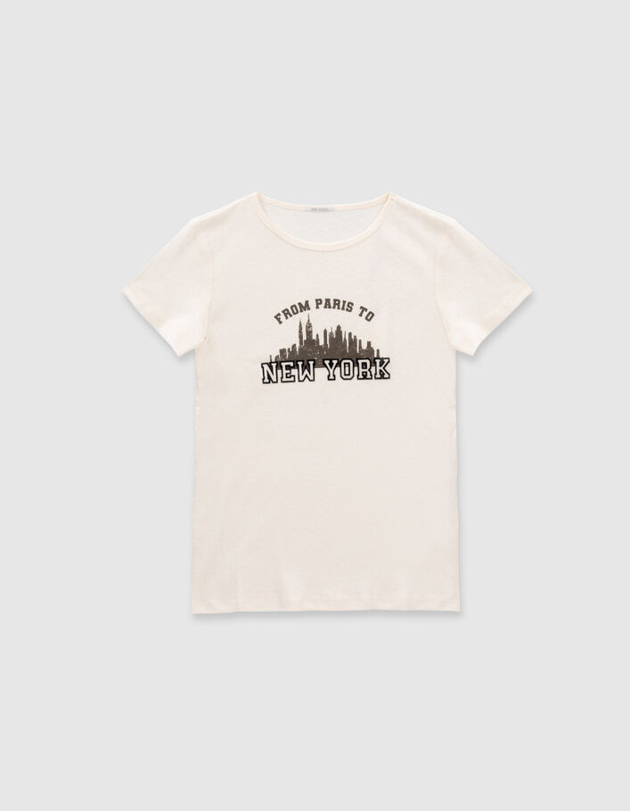Tee-shirt ivoire en coton et lin à message Femme