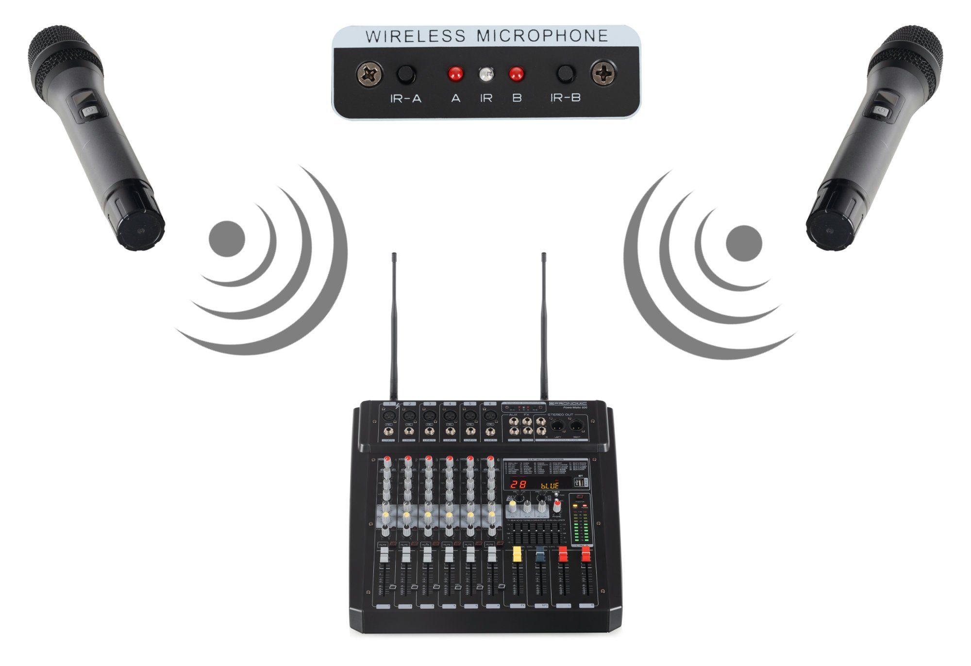 Pronomic Mischpult 6-Kanal-Powermischer 760 Watt RMS-Leistung, (inkl. 2 Funkmikrofone mit integriertem UHF-Empfänger), Bluetooth®/USB-Player/Recorder - Grafischer Equalizer