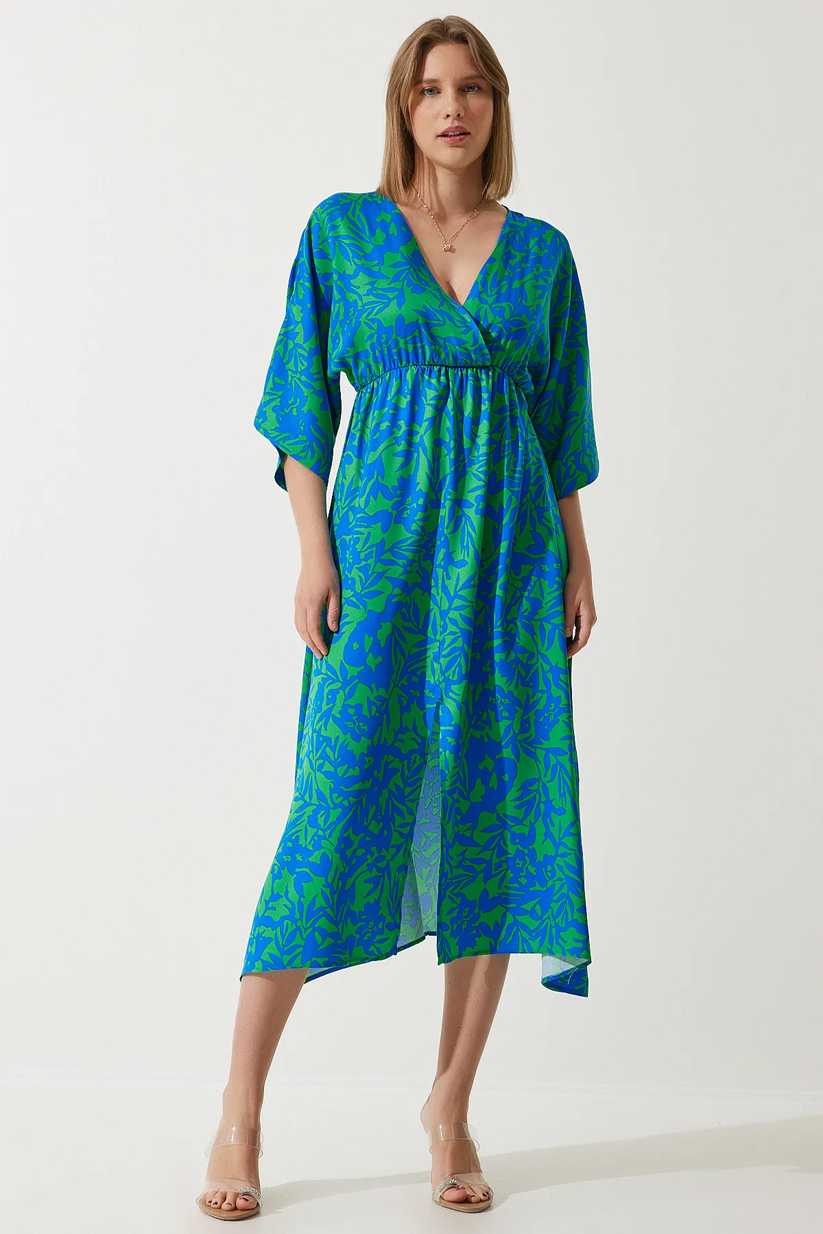 Happiness İstanbul  Damen-Sommerkleid aus Viskose mit tiefem V-Ausschnitt in Blau und Grün CI00081