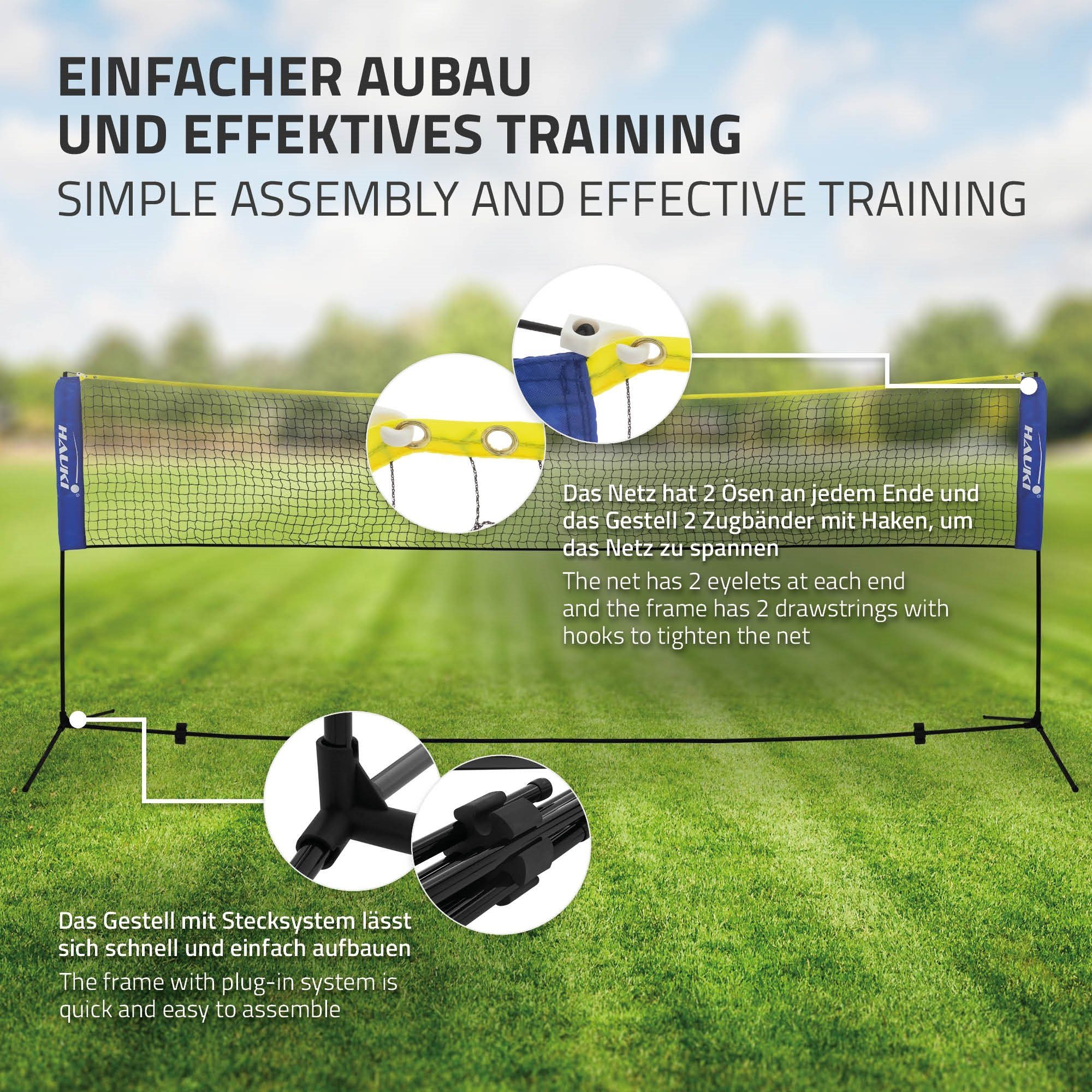 Hauki Badmintonnetz Tennisnetz Volleyballnetz Trainingsnetz Federballnetz Set (Komplett-Set, 5-St., Netz, Tragetasche, Federbälle), Blau 400cm 156cm inkl. 3x Federball Transporttasche Eisen-Gestell