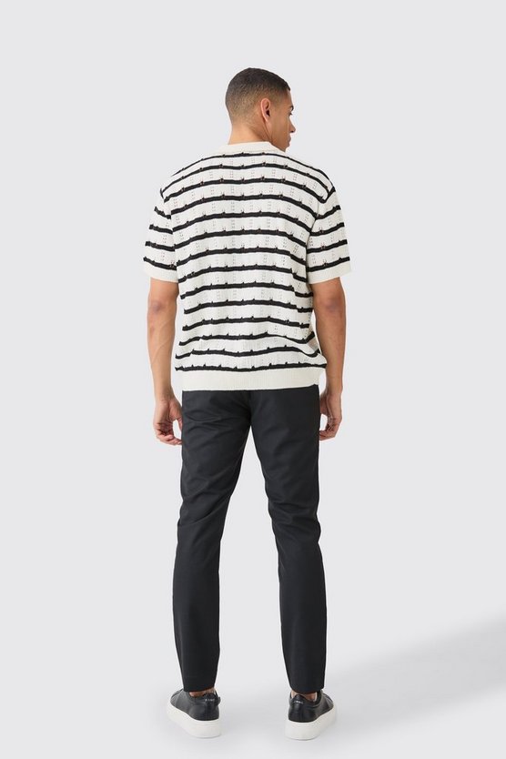 Kurzärmliges gehäkeltes Oversize Poloshirt mit Streifen