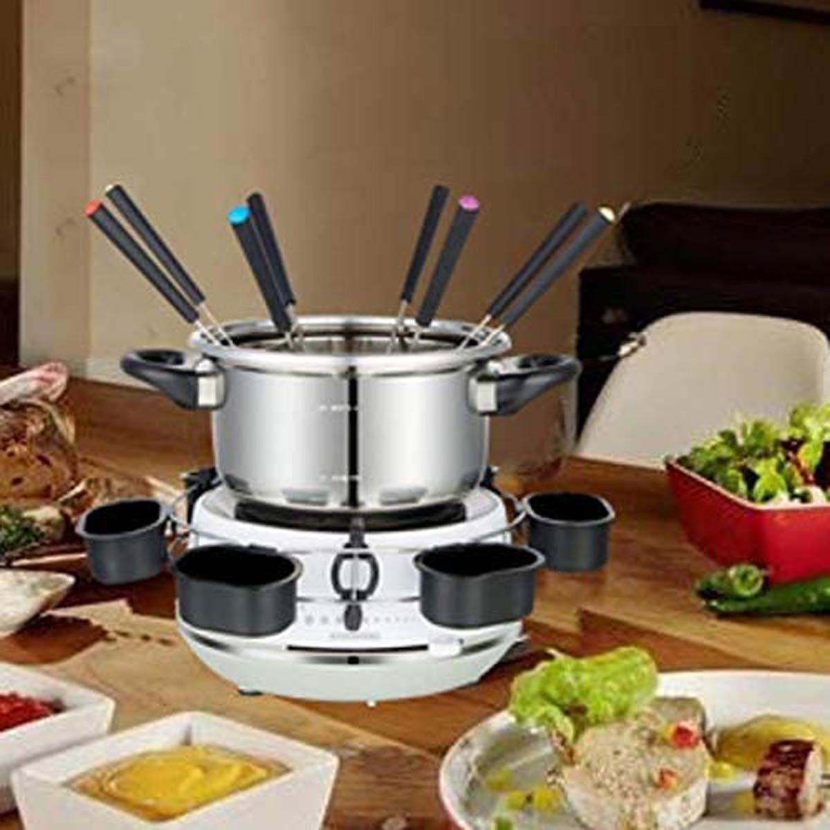 MELISSA Raclette und Fondue-Set 16310230 Elektro-Fondue mit praktischem Drehring mit 6 Saucenbechern, 1200 W