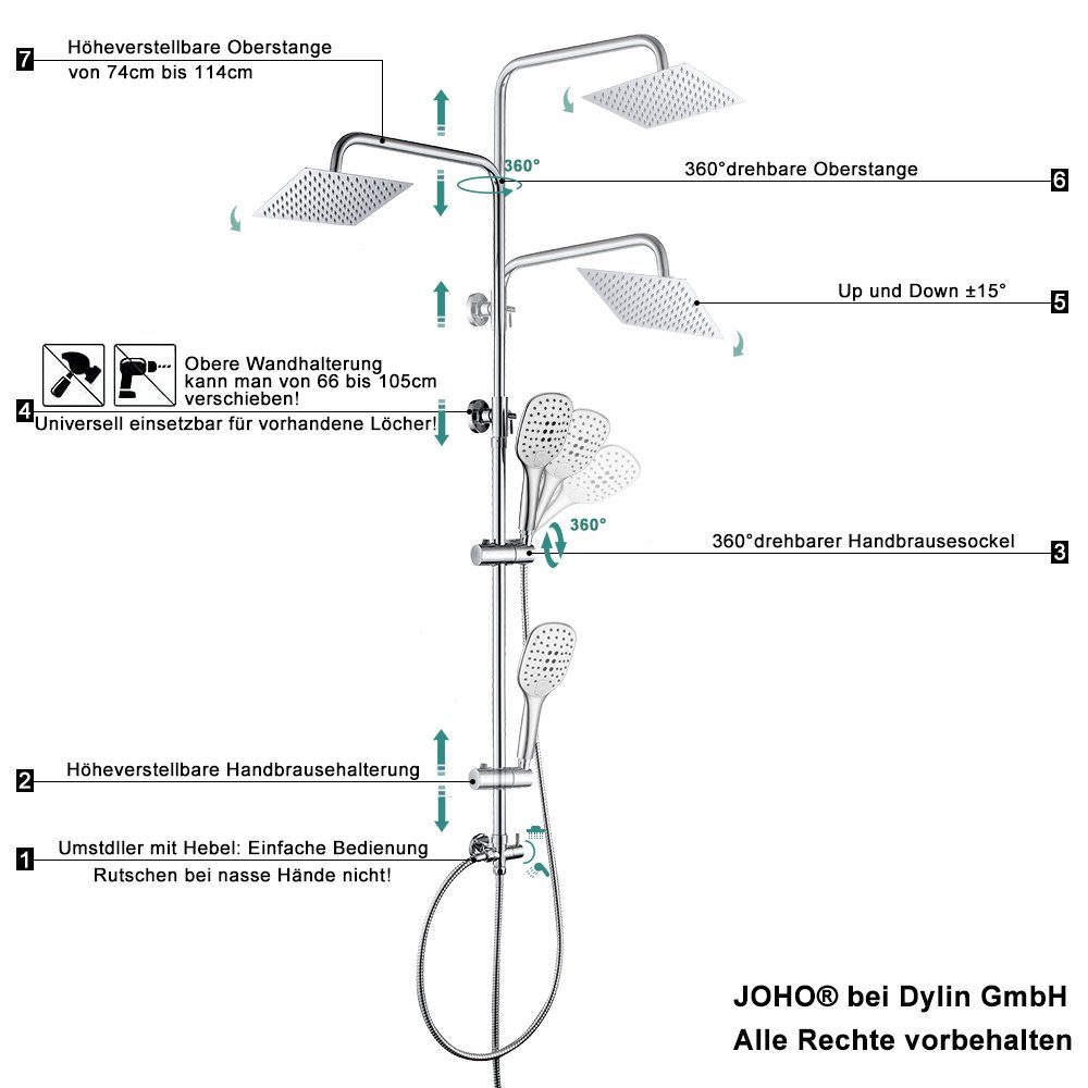 JOHO Duschsystem Chrom-Duschsystem, Duschvorrichtung, Dusch, Höhe 114 cm, 3 Strahlart(en), Überkopfbrauseset, Kopfbrause 20*20cm eckig