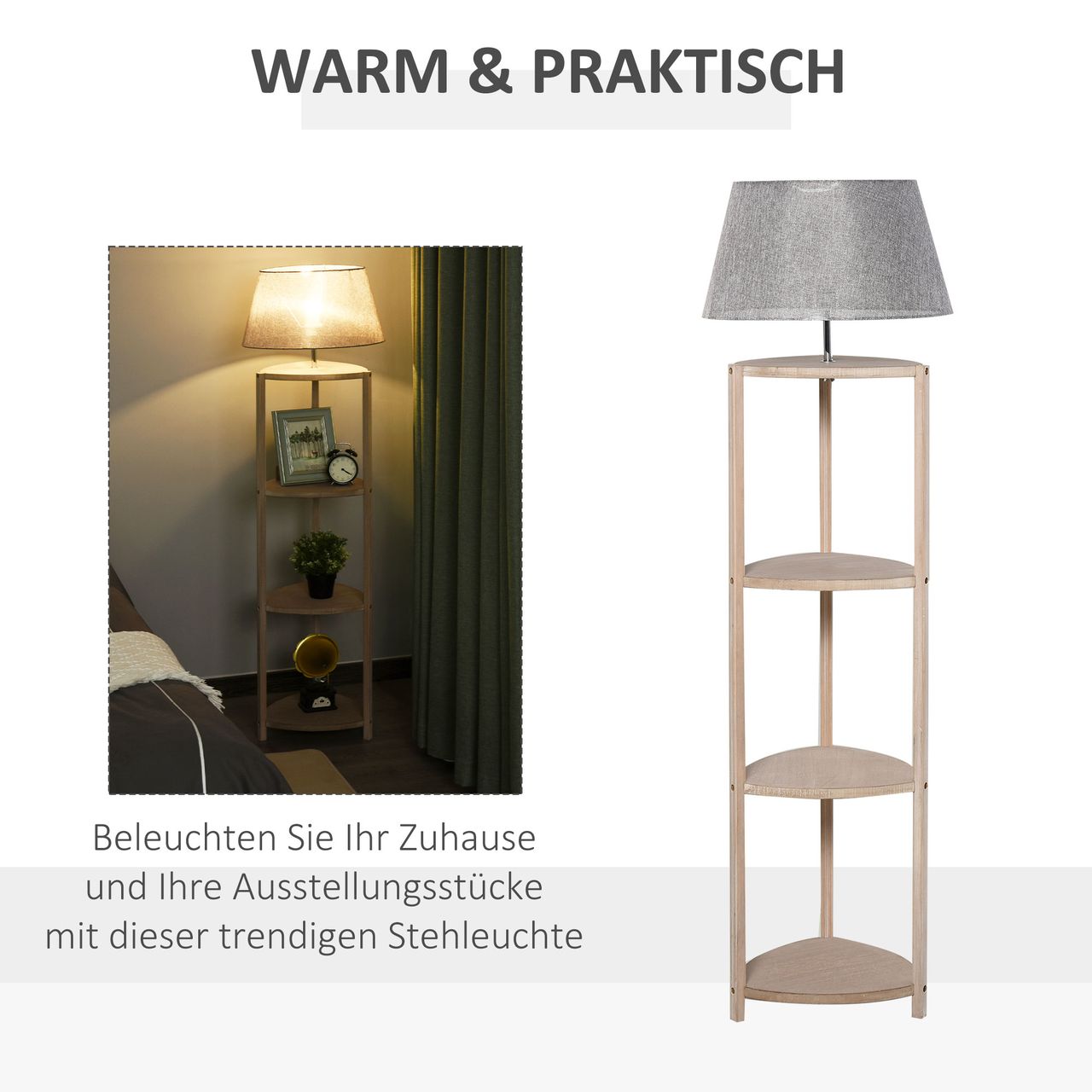 HOMCOM Stehlampe Ablage Schlafzimmer Standleuchte Stehleuchte Lampenschirm für Wohnzimmer Schlafzimmer 40 W Skandinavisch Holz   Leinen grau 46 x 46 x 158,5 cm