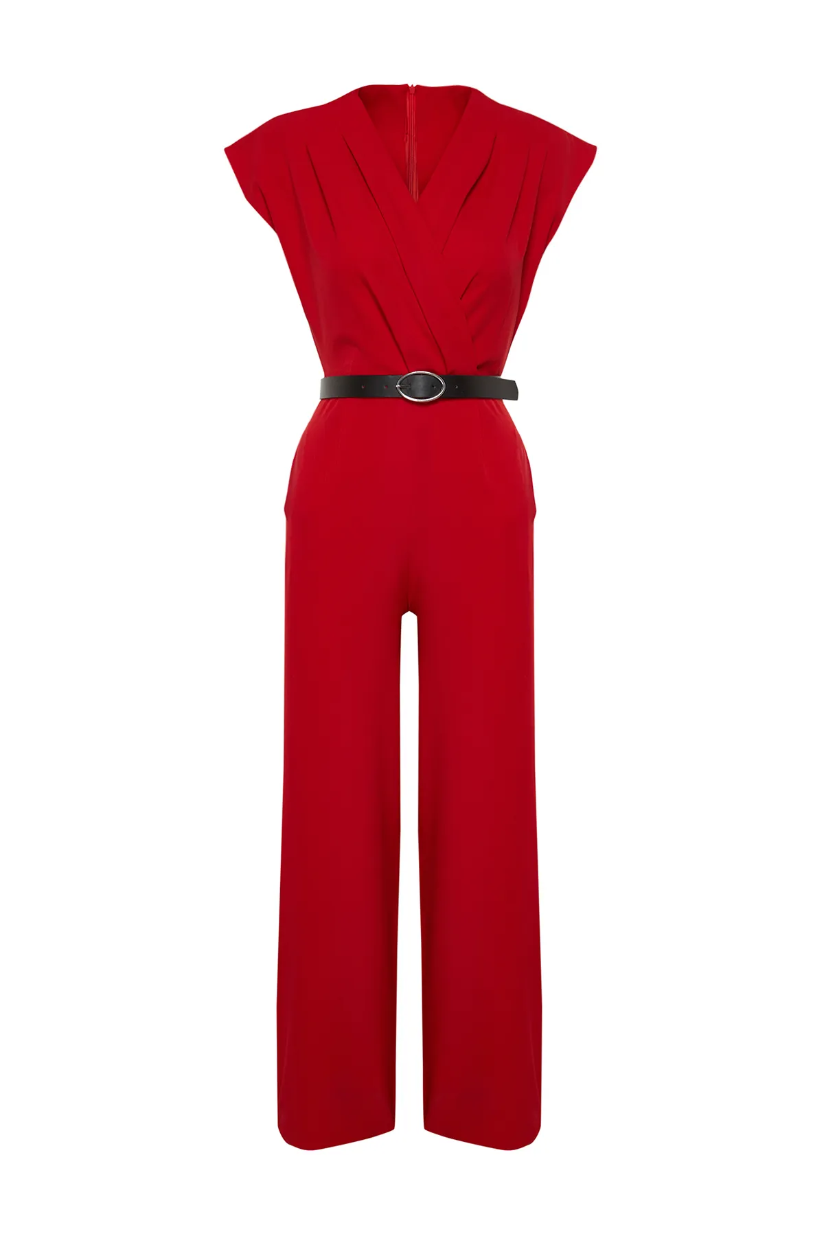 Trendyol Collection  Roter zweireihiger Maxi-Jumpsuit mit Gürtel und Kragen TWOSS21TU0004