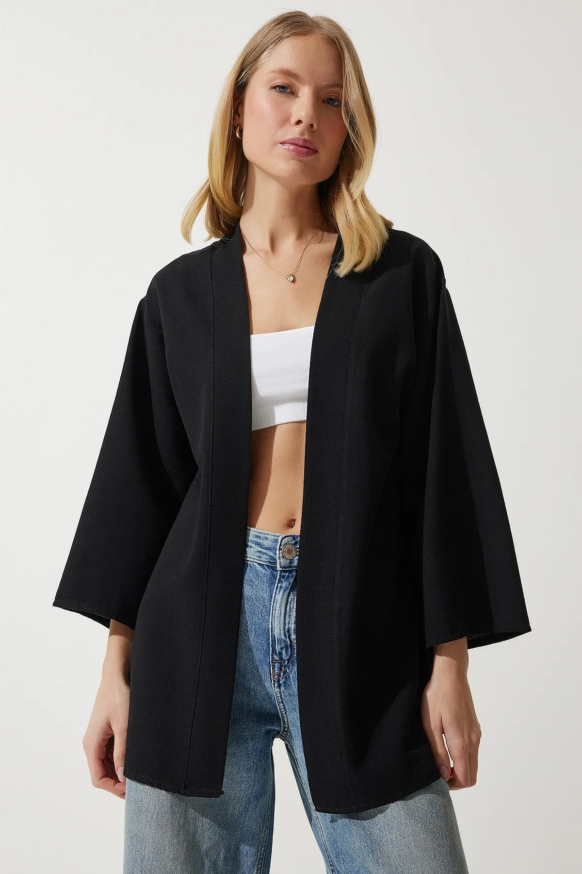 Happiness İstanbul  Schwarzer lässiger Kimono aus Leinen-Viskose für Damen BH00388