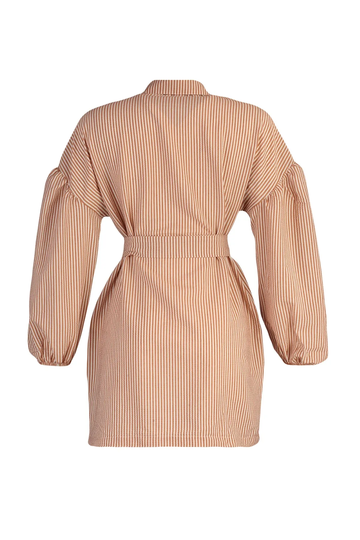 Trendyol Modest  Orange gestreiftes, gewebtes Hemd mit Ballonärmeln und langem Rücken, Gürtel TCTSS22GO0116