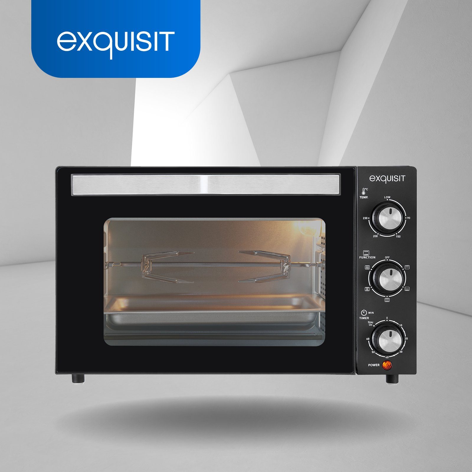 exquisit Minibackofen MO 3302 sw, 1500 Watt Minibackofen, inkl. Timer und motorischer Drehspieß