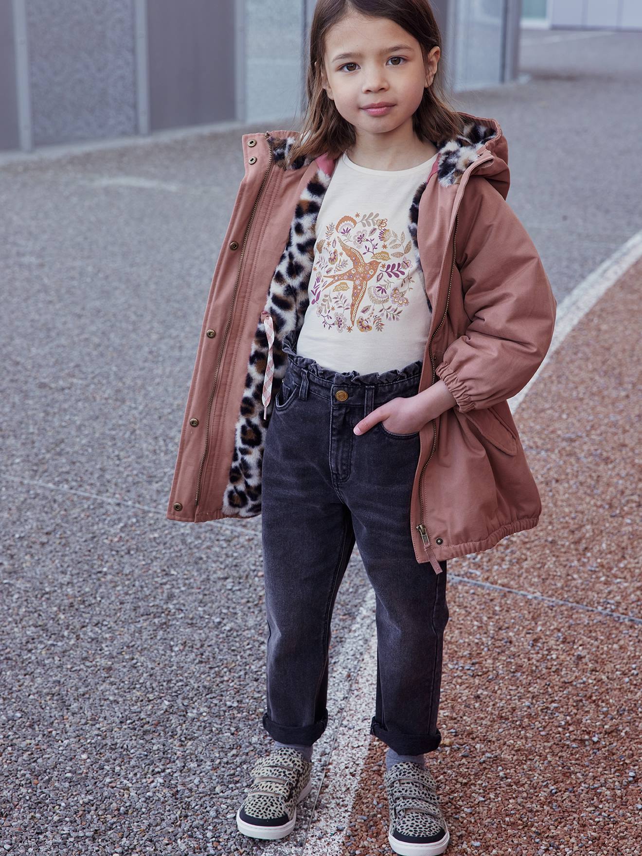 Parka à capuche fille doublée imitation fourrure kaki