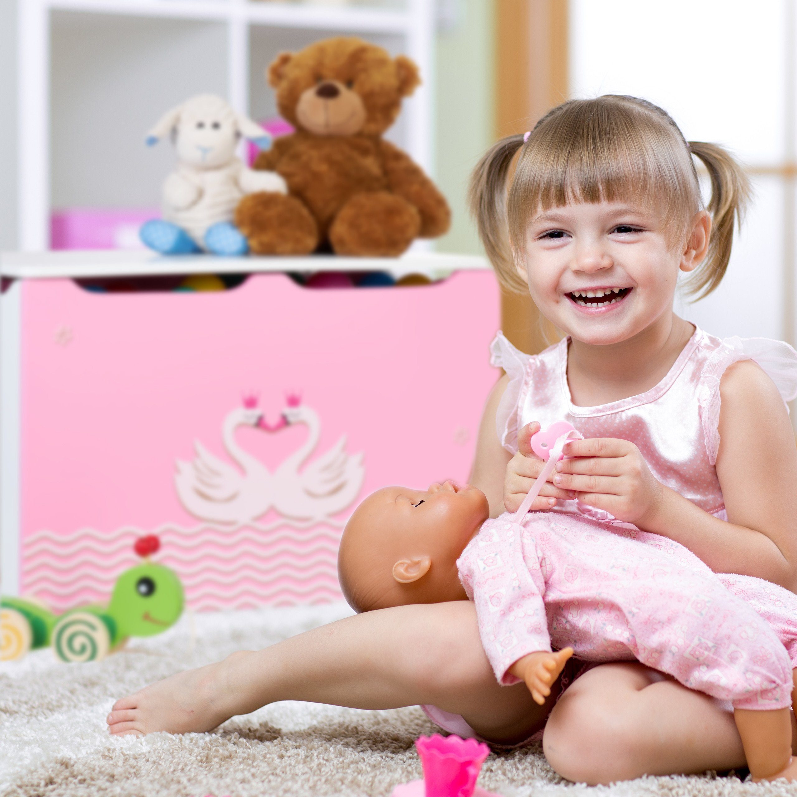 relaxdays Spielzeugtruhe Spielzeugtruhe mit Schwanenherz-Motiv