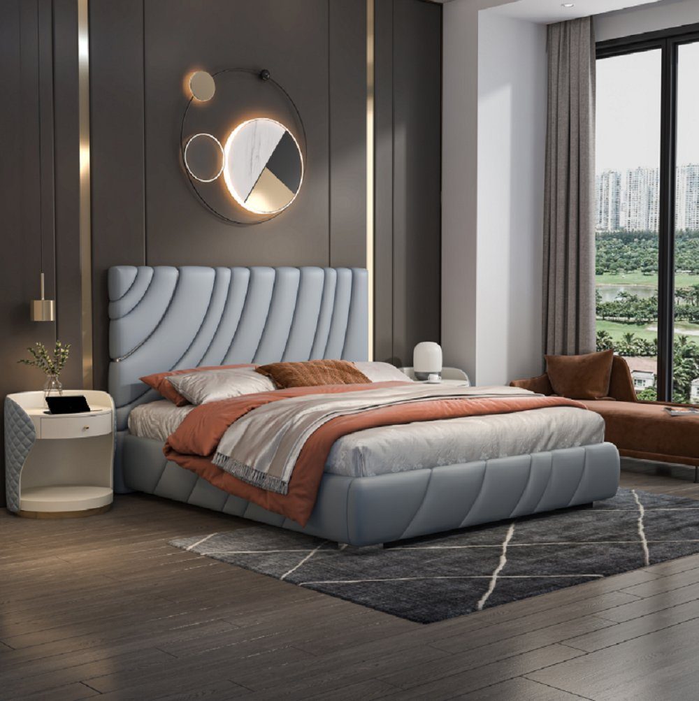 JVmoebel Bett Graues Kunstleder Doppelbett Modernes Edelstahlbett Luxus Holzgestell (1-tlg., 1x Bett), Made in Europa