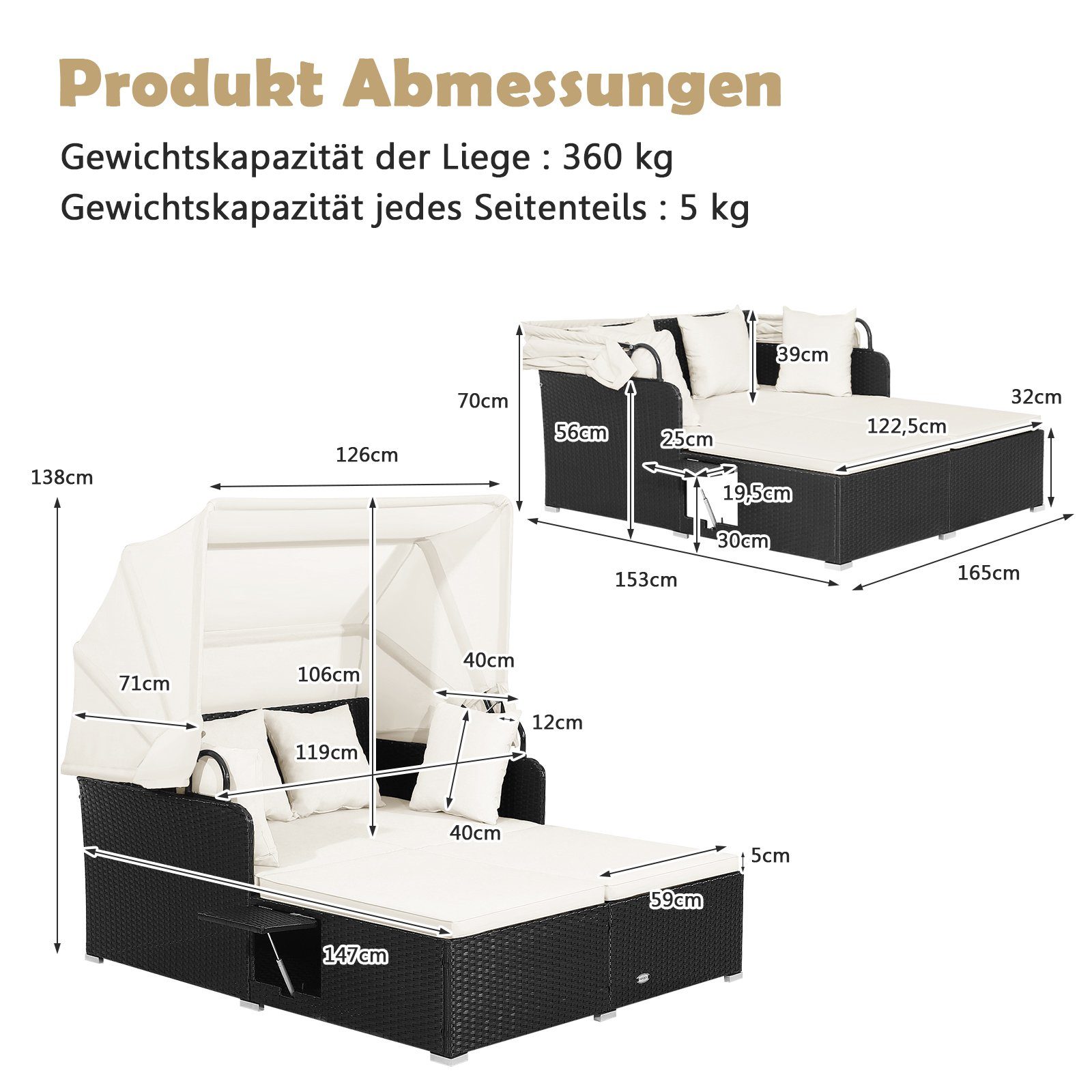 COSTWAY Loungebett, Rattan, 2-Personen, mit einziehbarem Sonnendach, Kissen