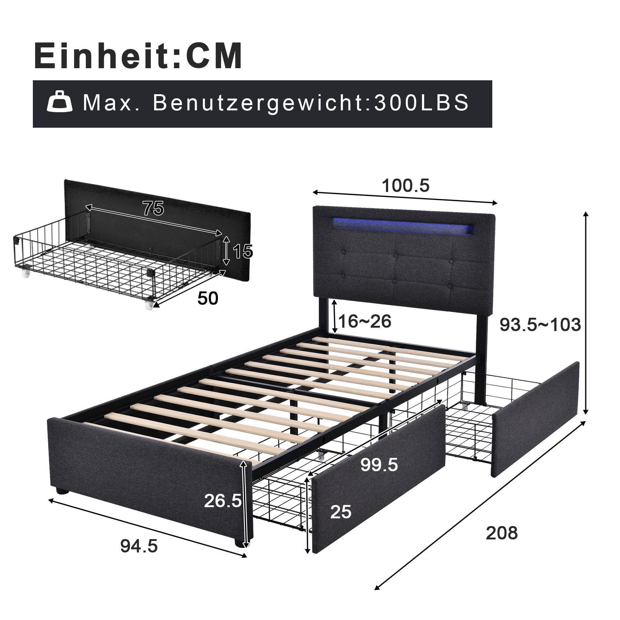 Flieks Polsterbett, LED-Beleuchtung Einzelbett 2 Schubladen Leinen 90x200cm