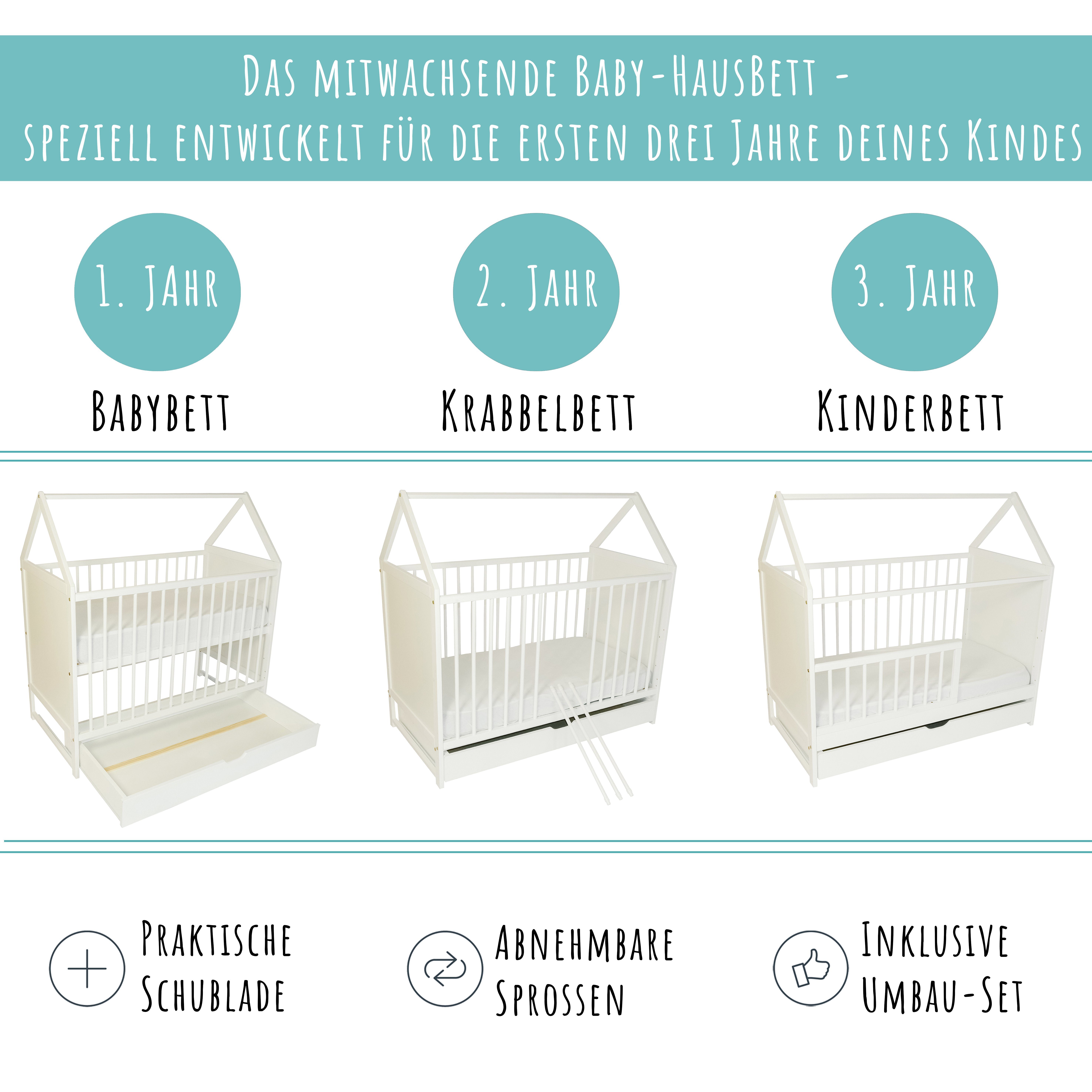 Kids Collective Babybett 60x120 cm Beistellbett Kinderbett und Hausbett, mit Schublade, vielfältig umbaubar zu Juniorbett, Kiefernholz, optional mit Matratze