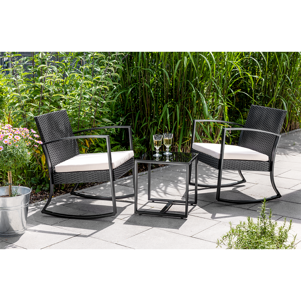 HC Garten & Freizeit 3 tlg. Rattan Schaukelstuhl Set Balkonset schwarz