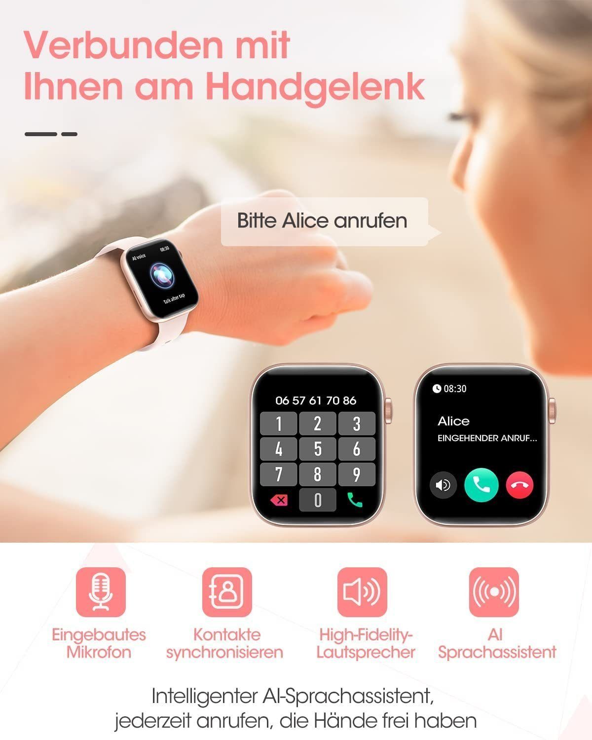 Yuede Smartwatch Damen und Herren, Fitness Tracker Uhr Mit Sprachanruf, Smartwatch (4,57 cm/1,8 Zoll) mit Herzfrequenzmessung, Schrittmessung, Blutsauerstoffmessung, Fitness Uhr mit Schrittzahler, schlaftracking, Kalorienverbrauch, Sportuhren Wasserd